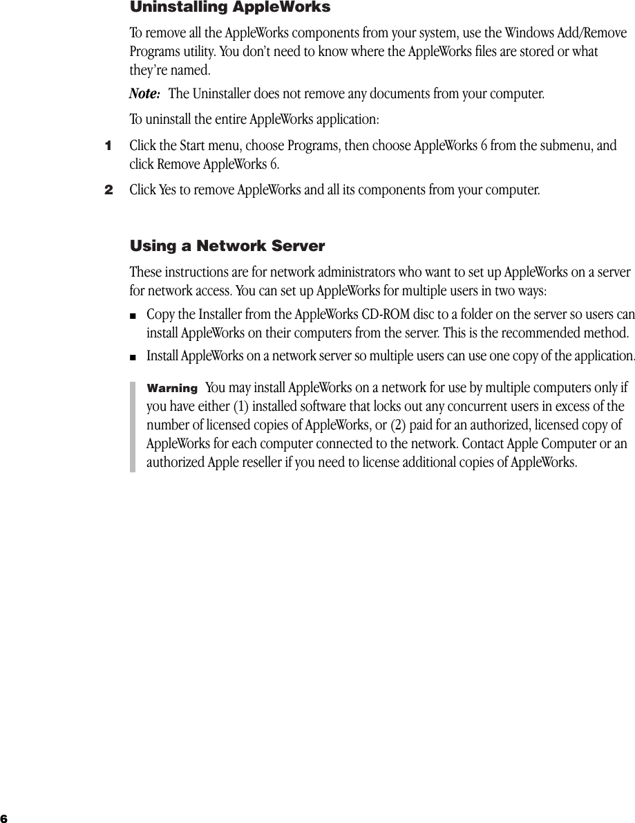 Page 6 of 12 - Apple Productivity Software AppleWorks 6 For Windows User Manual Works Windows: Installing Appleworks6WIN Installation