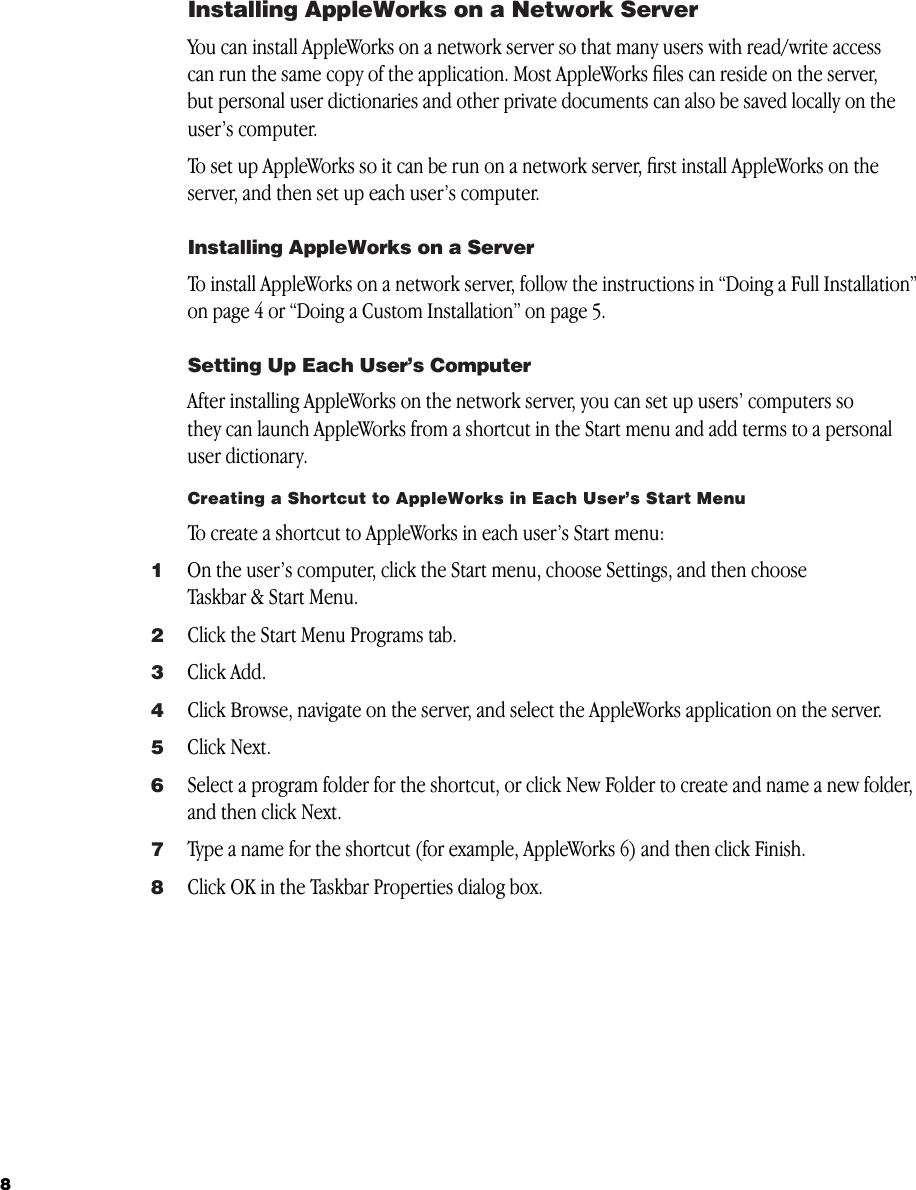 Page 8 of 12 - Apple Productivity Software AppleWorks 6 For Windows User Manual Works Windows: Installing Appleworks6WIN Installation