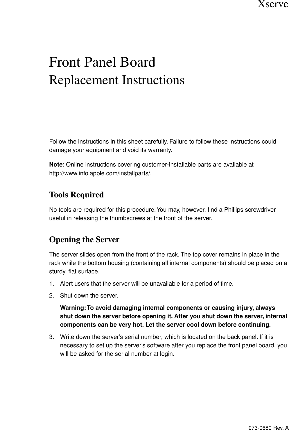 Page 1 of 6 - Apple Xserve User Manual (original) - Front Panel Board Replacement Instructions Xserve-frntpnlbd.073-0680