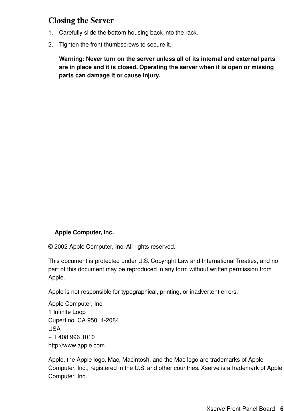 Page 6 of 6 - Apple Xserve User Manual (original) - Front Panel Board Replacement Instructions Xserve-frntpnlbd.073-0680