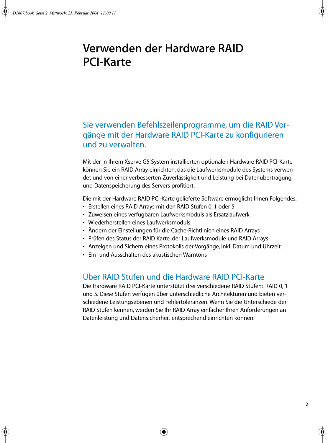 Page 2 of 9 - Apple Xserve G5 Verwenden Der Hardware RAID PCI-Karte User Manual - Benutzerhandbuch Verwendender RAIDPCI-Karte