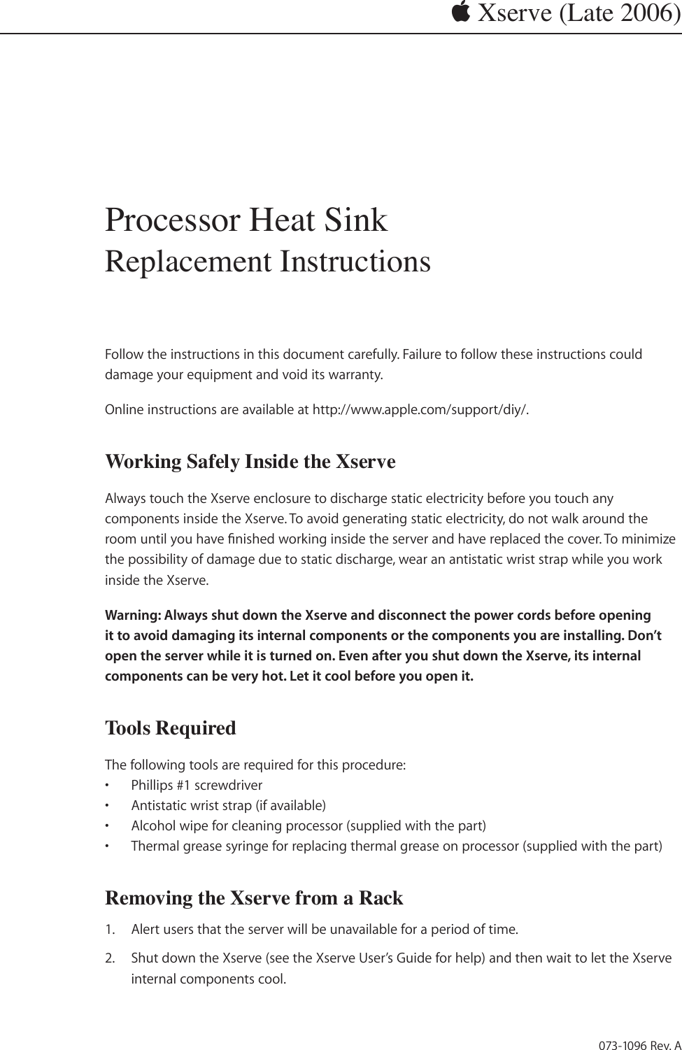 Page 1 of 11 - Apple Xserve(Late2006) Xserve Intel (Late 2006) DIY Procedure For Heatsink (Manual) User Manual Intel(Late2006)DIYProcedurefor Heatsink(Manual)