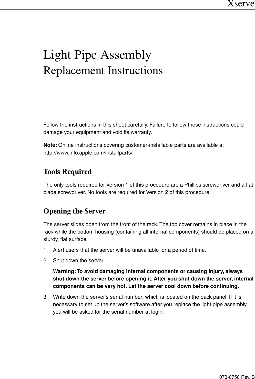 Page 1 of 8 - Apple Xserve (Slot Load) User Manual - Light Pipe Assembly Replacement Instructions Xserve-lightpipe.073-0756