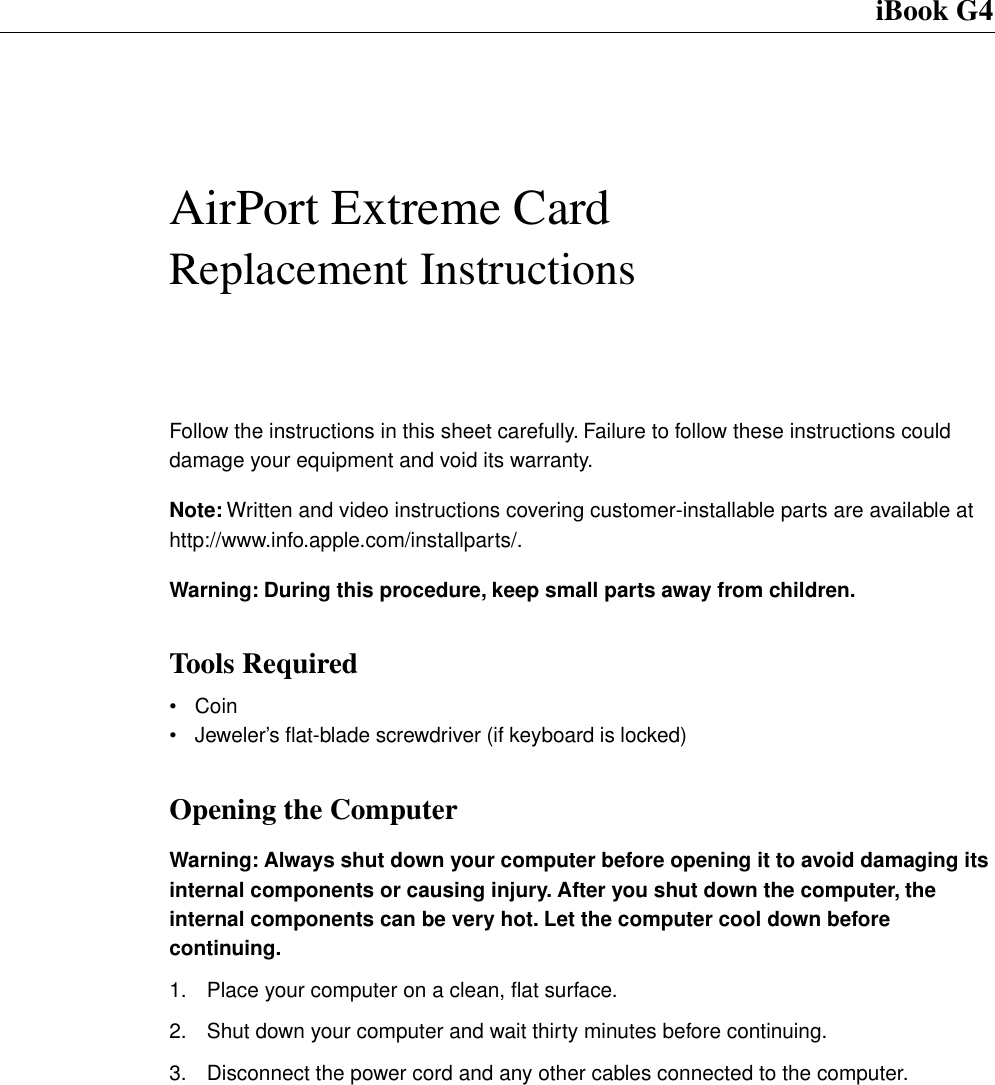 Page 1 of 9 - Apple IBook G4 (12-inch Late 2004) User Manual I Book (Late - Air Port Extreme Card Replacement Instructions Ibg4-apc-cip1