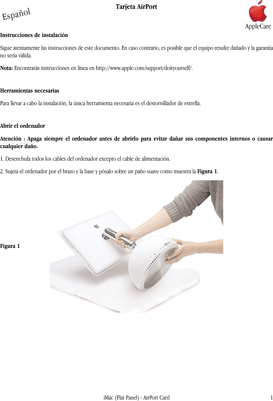 Page 1 of 5 - Apple IMac (Pantalla Plana) AirPort Card User Manual I Mac - Tarjeta Air Port Instrucciones De Instalación Imacfp-apc-cip