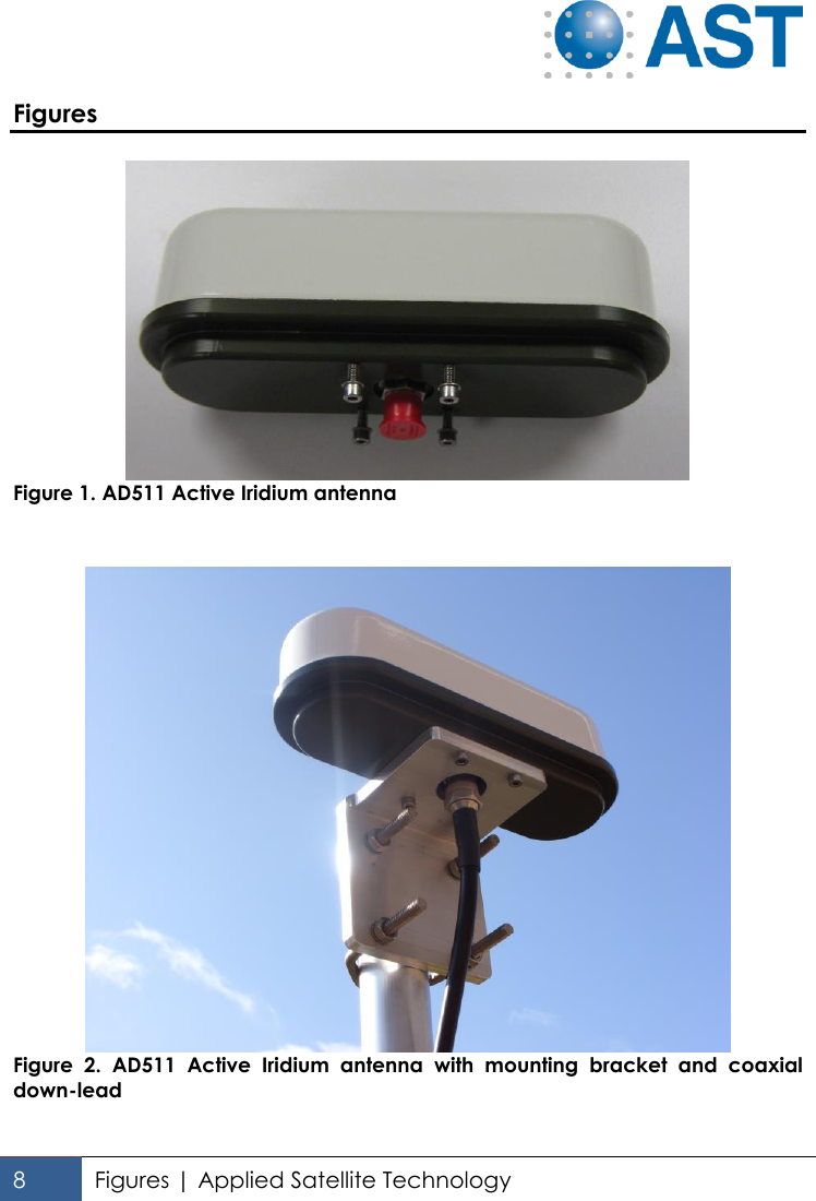   8 Figures | Applied Satellite Technology  Figures   Figure 1. AD511 Active Iridium antenna    Figure  2.  AD511  Active  Iridium  antenna  with  mounting  bracket  and  coaxial down-lead  