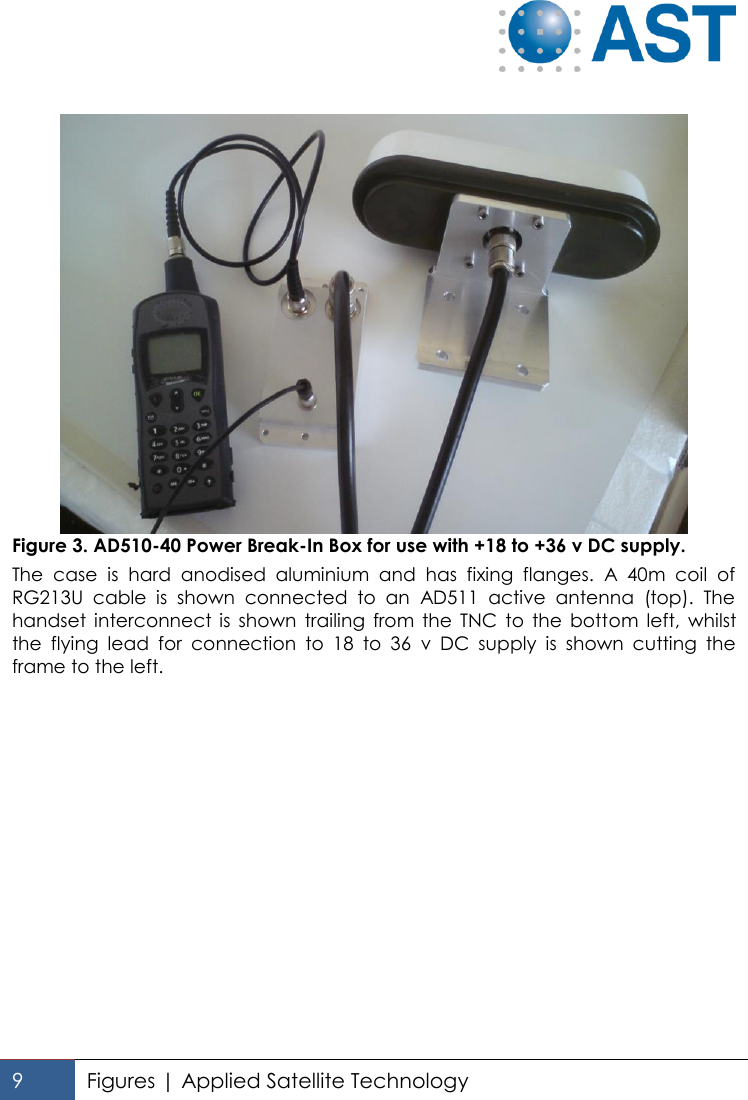   9 Figures | Applied Satellite Technology    Figure 3. AD510-40 Power Break-In Box for use with +18 to +36 v DC supply.  The  case  is  hard  anodised  aluminium  and  has  fixing  flanges.  A  40m  coil  of RG213U  cable  is  shown  connected  to  an  AD511  active  antenna  (top).  The handset  interconnect  is  shown  trailing  from  the  TNC  to  the  bottom  left,  whilst the  flying  lead  for  connection  to  18  to  36  v  DC  supply  is  shown  cutting  the frame to the left.  