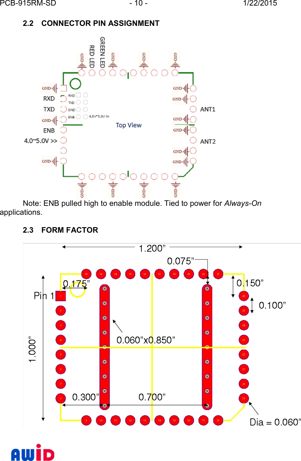 PCB-915RM-SD - 10 - 1/22/20152.2 CONNECTOR PIN ASSIGNMENTNote: ENB pulled high to enable module. Tied to power for Always-Onapplications.2.3 FORM FACTOR