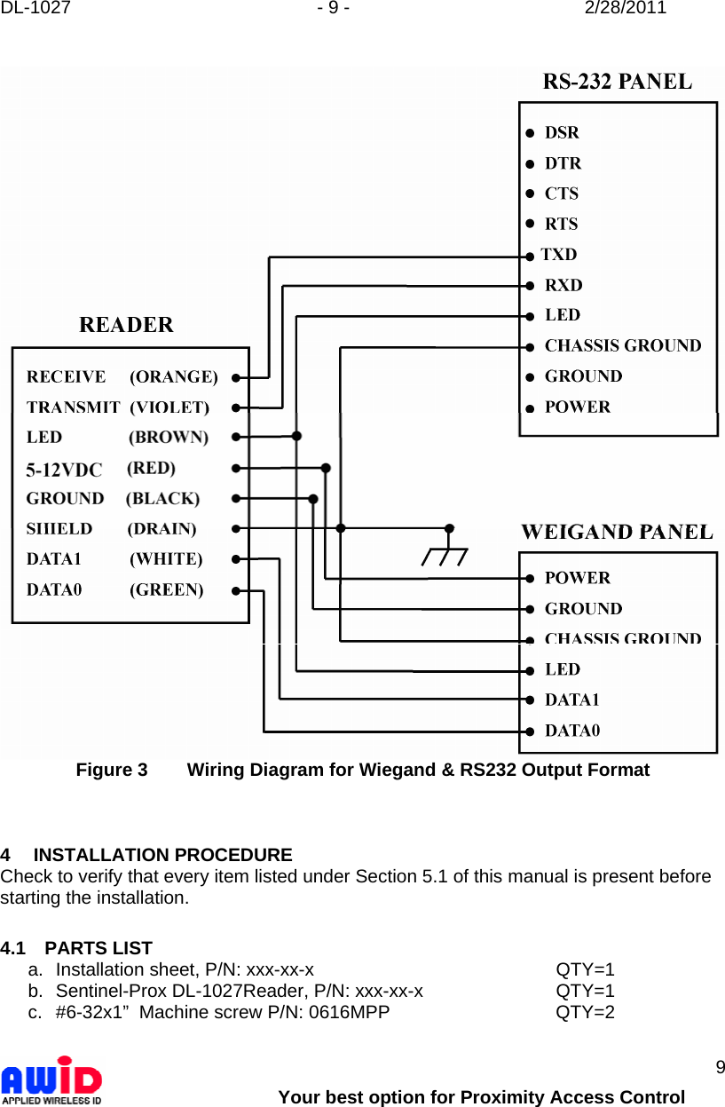 DL-1027  - 9 -  2/28/2011        Your best option for Proximity Access Control 9   Figure 3  Wiring Diagram for Wiegand &amp; RS232 Output Format    4 INSTALLATION PROCEDURE Check to verify that every item listed under Section 5.1 of this manual is present before starting the installation.  4.1 PARTS LIST a. Installation sheet, P/N: xxx-xx-x     QTY=1 b.  Sentinel-Prox DL-1027Reader, P/N: xxx-xx-x      QTY=1 c.  #6-32x1”  Machine screw P/N: 0616MPP      QTY=2  