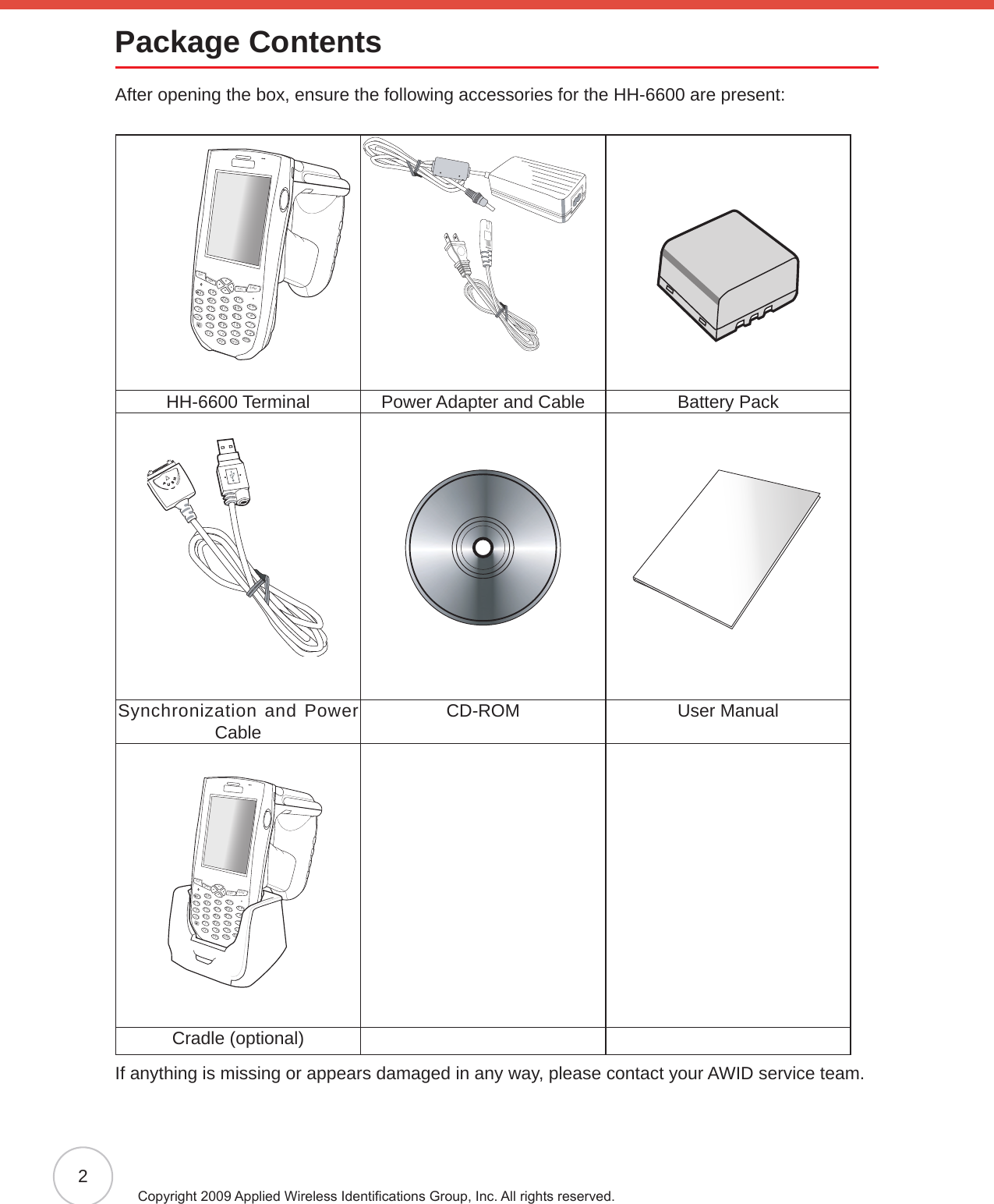 2Copyright 2009 Applied Wireless Identications Group, Inc. All rights reserved.Package ContentsAfter opening the box, ensure the following accessories for the HH-6600 are present: HH-6600 Terminal Power Adapter and Cable Battery PackSynchronization and Power Cable CD-ROM User ManualEscalphaFuncEnterabcdefghmrqijnokpDeltxyzBkSpuvwls1234567890@%“&lt;,/..-+=([[Cradle (optional)If anything is missing or appears damaged in any way, please contact your AWID service team.EscalphaFunc EnterabcdefghmrqijnokpDeltxyzBkSpuvwls1234567890@%“&lt;,/..-+=([[