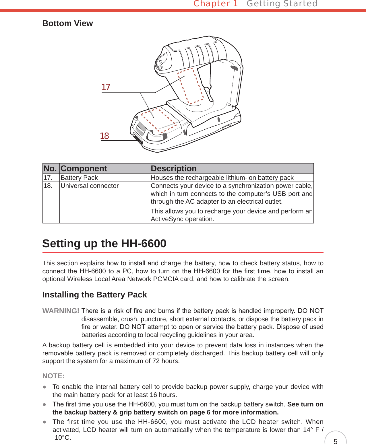 Chapter 1   Getting Started5Bottom View1718No. Component Description17. Battery Pack Houses the rechargeable lithium-ion battery pack18. Universal connector Connects your device to a synchronization power cable, which in turn connects to the computer’s USB port and through the AC adapter to an electrical outlet.This allows you to recharge your device and perform an ActiveSync operation.Setting up the HH-6600This section explains how to install and charge the battery, how to check battery status, how to connect the HH-6600 to a PC, how to turn on the HH-6600 for the rst time, how to install an optional Wireless Local Area Network PCMCIA card, and how to calibrate the screen.Installing the Battery PackWARNING!  There is a risk of re and burns if the battery pack is handled improperly. DO NOT disassemble, crush, puncture, short external contacts, or dispose the battery pack in re or water. DO NOT attempt to open or service the battery pack. Dispose of used batteries according to local recycling guidelines in your area.A backup battery cell is embedded into your device to prevent data loss in instances when the removable battery pack is removed or completely discharged. This backup battery cell will only support the system for a maximum of 72 hours.NOTE: To enable the internal battery cell to provide backup power supply, charge your device with  ●the main battery pack for at least 16 hours.  The rst time you use the HH-6600, you must turn on the backup battery switch.  ●See turn on the backup battery &amp; grip battery switch on page 6 for more information. The first time you use the HH-6600, you must activate the LCD heater switch. When  ●activated, LCD heater will turn on automatically when the temperature is lower than 14° F / -10°C.