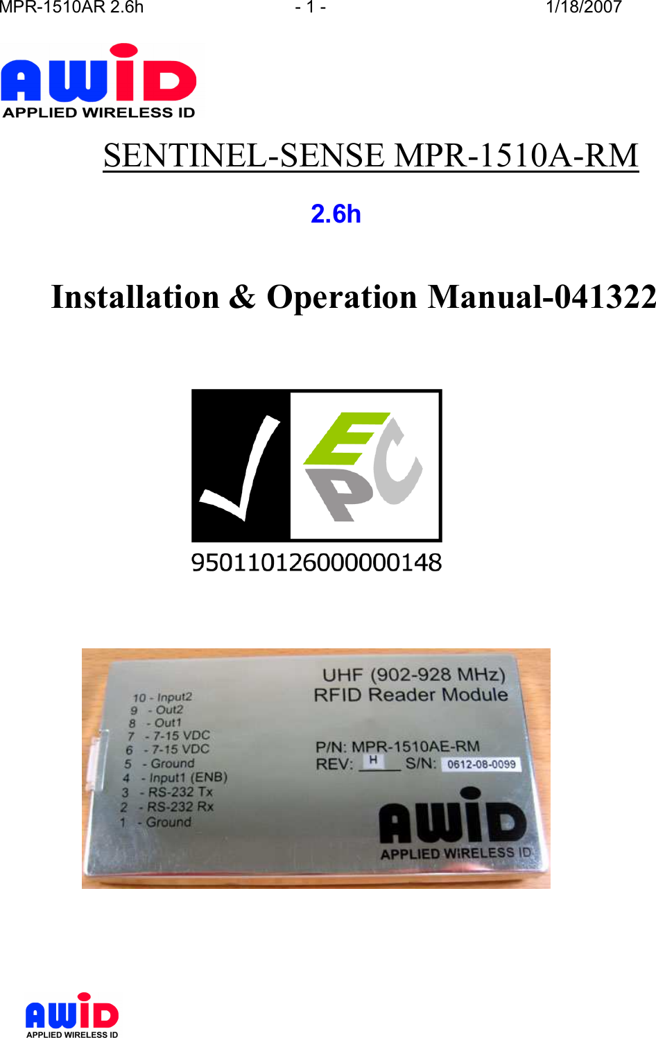 MPR-1510AR 2.6h  - 1 -  1/18/2007       SENTINEL-SENSE MPR-1510A-RM        2.6h  Installation &amp; Operation Manual-041322              