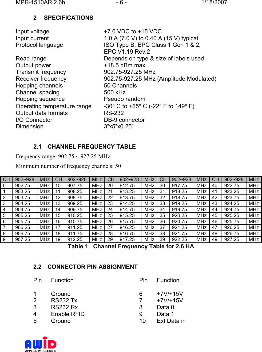 MPR-1510AR 2.6h  - 6 -  1/18/2007      2  SPECIFICATIONS  Input voltage  +7.0 VDC to +15 VDC Input current  1.0 A (7.0 V) to 0.40 A (15 V) typical  Protocol language  ISO Type B, EPC Class 1 Gen 1 &amp; 2,     EPC V1.19 Rev.2 Read range   Depends on type &amp; size of labels used Output power  +18.5 dBm max Transmit frequency  902.75-927.25 MHz Receiver frequency  902.75-927.25 MHz (Amplitude Modulated) Hopping channels  50 Channels Channel spacing  500 kHz  Hopping sequence  Pseudo random Operating temperature range  -30° C to +65° C (-22° F to 149° F) Output data formats  RS-232 I/O Connector  DB-9 connector  Dimension  3”x5”x0.25”   2.1  CHANNEL FREQUENCY TABLE Frequency range: 902.75 ~ 927.25 MHz Minimum number of frequency channels: 50  CH 902~928 MHz CH 902~928 MHz CH 902~928 MHz CH 902~928 MHz CH 902~928 MHz 0  902.75  MHz 10  907.75  MHz 20  912.75  MHz 30  917.75  MHz 40  922.75  MHz 1  903.25  MHz 11  908.25  MHz 21  913.25  MHz 31  918.25  MHz 41  923.25  MHz 2  903.75  MHz 12  908.75  MHz 22  913.75  MHz 32  918.75  MHz 42  923.75  MHz 3  904.25  MHz 13  909.25  MHz 23  914.25  MHz 33  919.25  MHz 43  924.25  MHz 4  904.75  MHz 14  909.75  MHz 24  914.75  MHz 34  919.75  MHz 44  924.75  MHz 5  905.25  MHz 15  910.25  MHz 25  915.25  MHz 35  920.25  MHz 45  925.25  MHz 6  905.75  MHz 16  910.75  MHz 26  915.75  MHz 36  920.75  MHz 46  925.75  MHz 7  906.25  MHz 17  911.25  MHz 27  916.25  MHz 37  921.25  MHz 47  926.25  MHz 8  906.75  MHz 18  911.75  MHz 28  916.75  MHz 38  921.75  MHz 48  926.75  MHz 9  907.25  MHz 19  912.25  MHz 29  917.25  MHz 39  922.25  MHz 49  927.25  MHz Table 1   Channel Frequency Table for 2.6 HA   2.2  CONNECTOR PIN ASSIGNMENT  Pin  Function        Pin  Function  1  Ground        6  +7V/+15V 2  RS232 Tx        7  +7V/+15V 3  RS232 Rx        8  Data 0 4  Enable RFID       9  Data 1 5  Ground        10  Ext Data in  