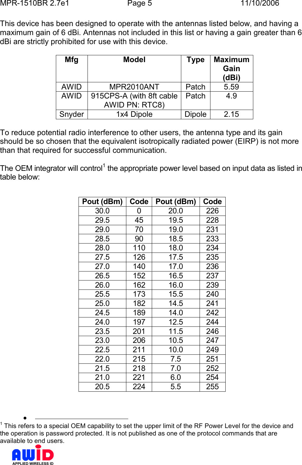 MPR-1510BR 2.7e1  Page 5  11/10/2006          This device has been designed to operate with the antennas listed below, and having a maximum gain of 6 dBi. Antennas not included in this list or having a gain greater than 6 dBi are strictly prohibited for use with this device.  Mfg  Model  Type  Maximum Gain (dBi) AWID  MPR2010ANT  Patch  5.59 AWID  915CPS-A (with 8ft cable AWID PN: RTC8) Patch  4.9 Snyder 1x4 Dipole  Dipole 2.15  To reduce potential radio interference to other users, the antenna type and its gain should be so chosen that the equivalent isotropically radiated power (EIRP) is not more than that required for successful communication.  The OEM integrator will control1 the appropriate power level based on input data as listed in table below:           •                                              1 This refers to a special OEM capability to set the upper limit of the RF Power Level for the device and the operation is password protected. It is not published as one of the protocol commands that are available to end users. Pout (dBm) Code Pout (dBm) Code 30.0  0  20.0  226 29.5  45  19.5  228 29.0  70  19.0  231 28.5  90  18.5  233 28.0  110  18.0  234 27.5  126  17.5  235 27.0  140  17.0  236 26.5  152  16.5  237 26.0  162  16.0  239 25.5  173  15.5  240 25.0  182  14.5  241 24.5  189  14.0  242 24.0  197  12.5  244 23.5  201  11.5  246 23.0  206  10.5  247 22.5  211  10.0  249 22.0  215  7.5  251 21.5  218  7.0  252 21.0  221  6.0  254 20.5  224  5.5  255 