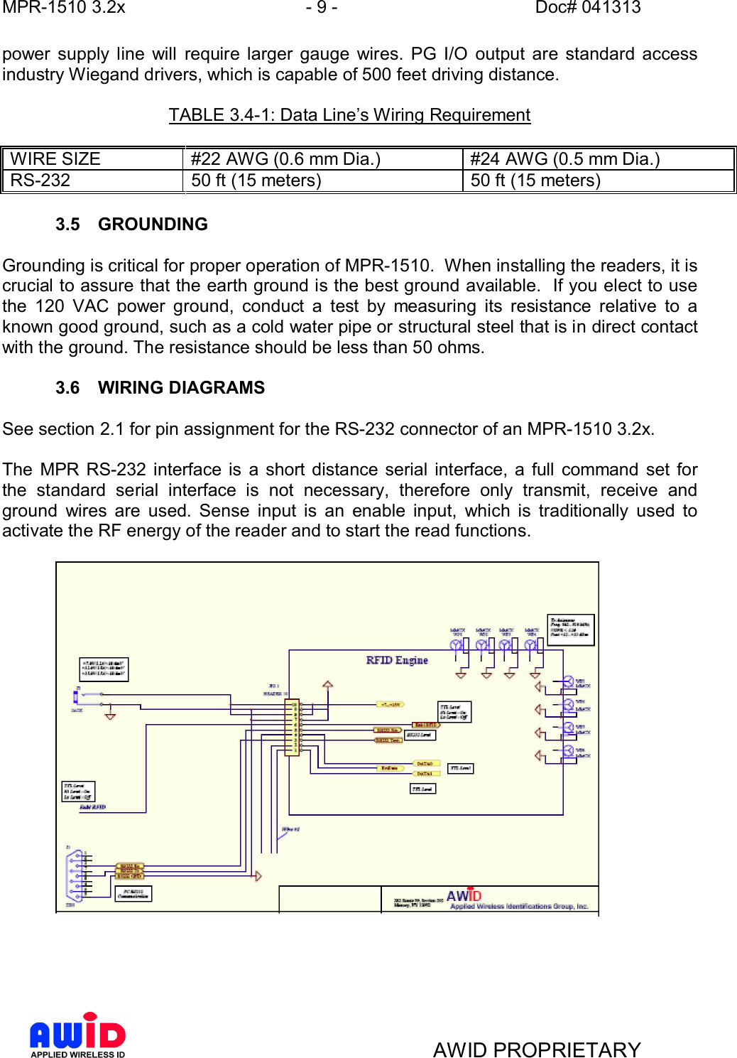 MPR-1510 3.2x - 9 - Doc# 041313AWID PROPRIETARYpower supply line will require larger gauge wires. PG I/O output are standard accessindustry Wiegand drivers, which is capable of 500 feet driving distance.TABLE 3.4-1: Data Lines Wiring RequirementWIRE SIZE #22 AWG (0.6 mm Dia.) #24 AWG (0.5 mm Dia.)RS-232 50 ft (15 meters) 50 ft (15 meters)3.5 GROUNDINGGrounding is critical for proper operation of MPR-1510.  When installing the readers, it iscrucial to assure that the earth ground is the best ground available.  If you elect to usethe 120 VAC power ground, conduct a test by measuring its resistance relative to aknown good ground, such as a cold water pipe or structural steel that is in direct contactwith the ground. The resistance should be less than 50 ohms.3.6  WIRING DIAGRAMSSee section 2.1 for pin assignment for the RS-232 connector of an MPR-1510 3.2x.The MPR RS-232 interface is a short distance serial interface, a full command set forthe standard serial interface is not necessary, therefore only transmit, receive andground wires are used. Sense input is an enable input, which is traditionally used toactivate the RF energy of the reader and to start the read functions.