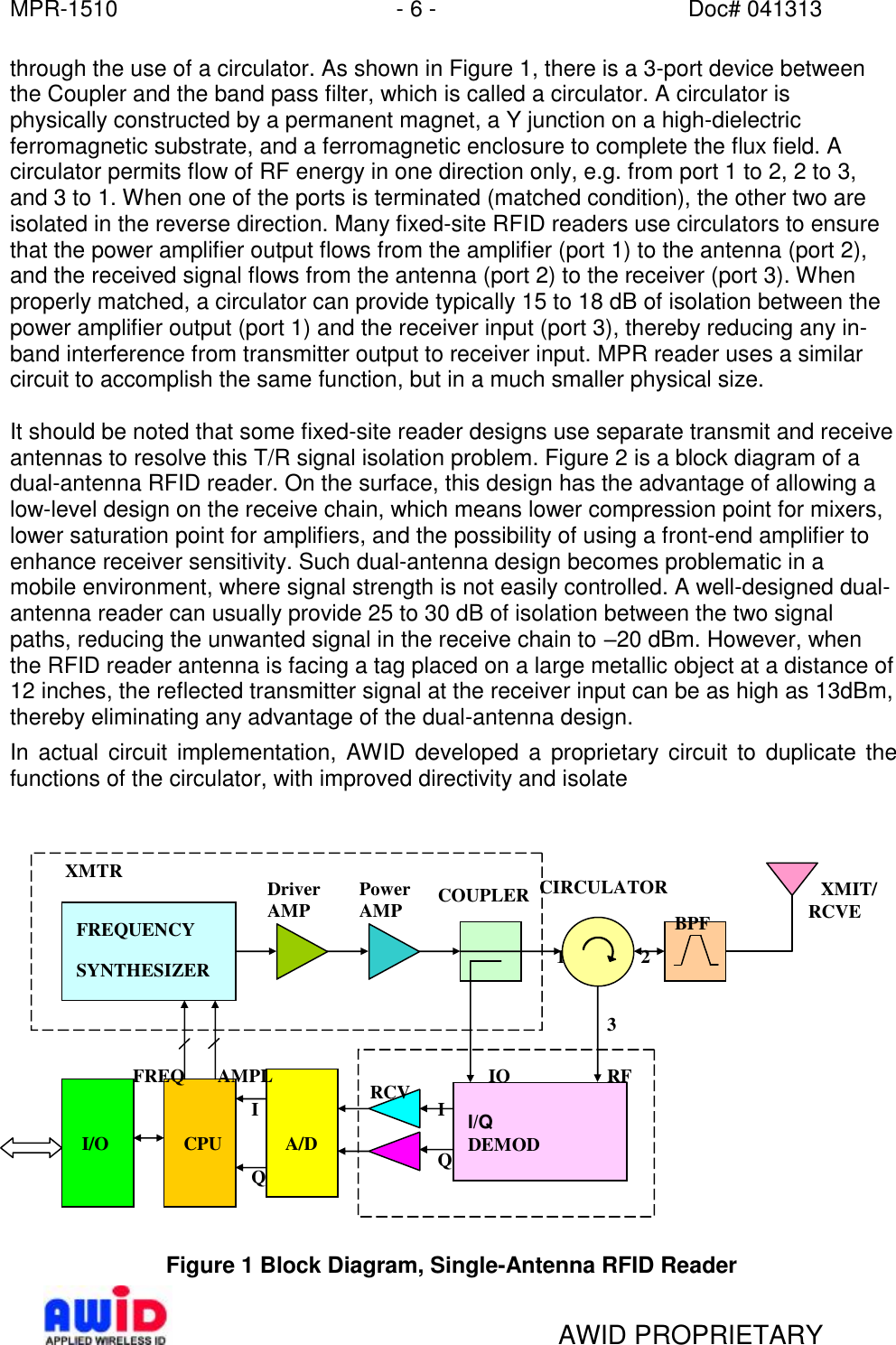 MPR-1510 - 6 - Doc# 041313   AWID PROPRIETARY through the use of a circulator. As shown in Figure 1, there is a 3-port device between the Coupler and the band pass filter, which is called a circulator. A circulator is physically constructed by a permanent magnet, a Y junction on a high-dielectric ferromagnetic substrate, and a ferromagnetic enclosure to complete the flux field. A circulator permits flow of RF energy in one direction only, e.g. from port 1 to 2, 2 to 3, and 3 to 1. When one of the ports is terminated (matched condition), the other two are isolated in the reverse direction. Many fixed-site RFID readers use circulators to ensure that the power amplifier output flows from the amplifier (port 1) to the antenna (port 2), and the received signal flows from the antenna (port 2) to the receiver (port 3). When properly matched, a circulator can provide typically 15 to 18 dB of isolation between the power amplifier output (port 1) and the receiver input (port 3), thereby reducing any in-band interference from transmitter output to receiver input. MPR reader uses a similar circuit to accomplish the same function, but in a much smaller physical size.  It should be noted that some fixed-site reader designs use separate transmit and receive antennas to resolve this T/R signal isolation problem. Figure 2 is a block diagram of a dual-antenna RFID reader. On the surface, this design has the advantage of allowing a low-level design on the receive chain, which means lower compression point for mixers, lower saturation point for amplifiers, and the possibility of using a front-end amplifier to enhance receiver sensitivity. Such dual-antenna design becomes problematic in a mobile environment, where signal strength is not easily controlled. A well-designed dual-antenna reader can usually provide 25 to 30 dB of isolation between the two signal paths, reducing the unwanted signal in the receive chain to –20 dBm. However, when the RFID reader antenna is facing a tag placed on a large metallic object at a distance of 12 inches, the reflected transmitter signal at the receiver input can be as high as 13dBm, thereby eliminating any advantage of the dual-antenna design.  In actual circuit implementation, AWID developed a proprietary circuit to duplicate the functions of the circulator, with improved directivity and isolate                       Figure 1 Block Diagram, Single-Antenna RFID Reader FREQUENCY  SYNTHESIZER 1.1.31.1.4 I/Q DEMOD Driver AMP Power AMP COUPLER    XMIT/ RCVE A/DCPU I/O XMTR CIRCULATOR BPF RCV IO RF I Q I Q FREQ AMPL 1 2 3 