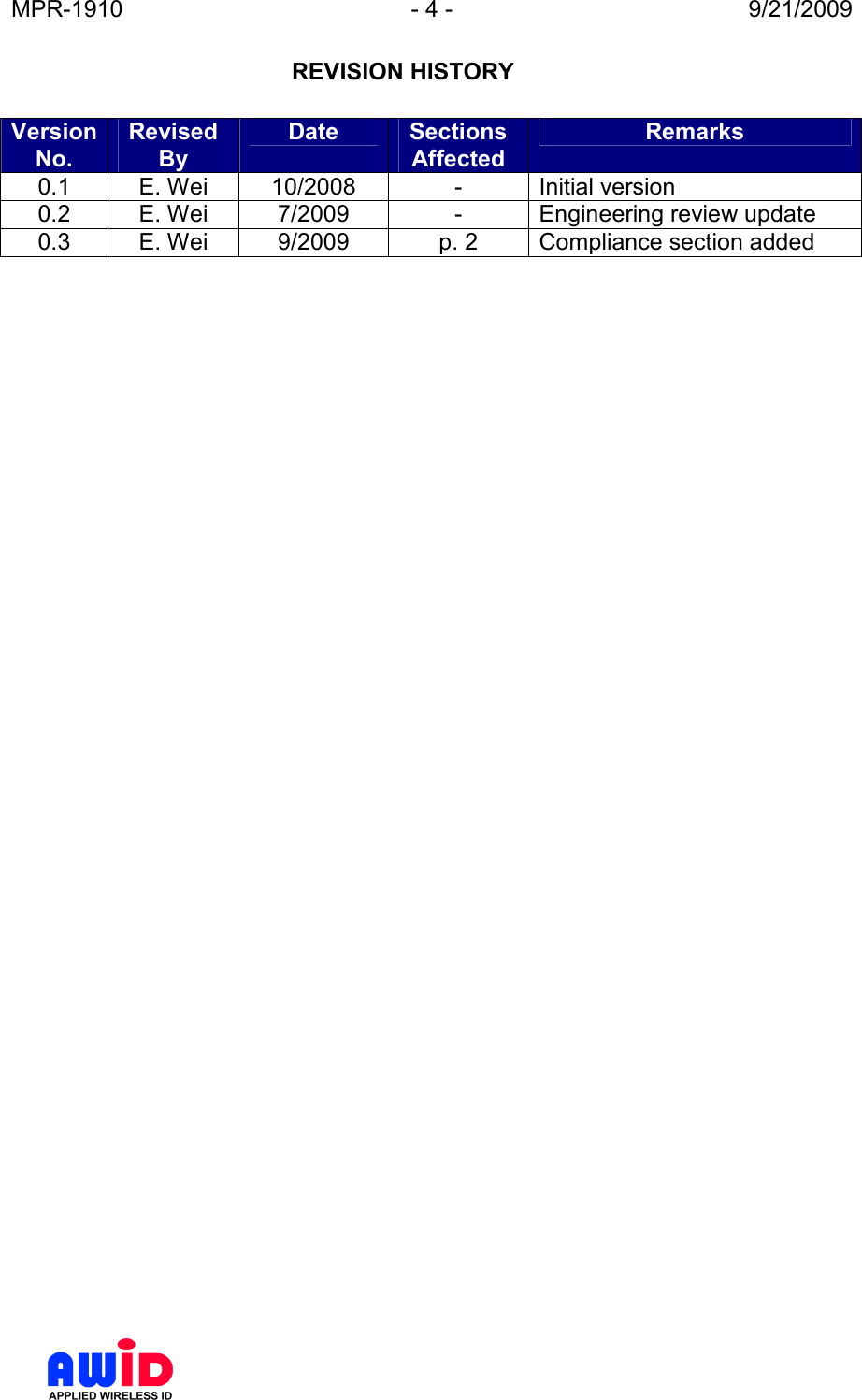 MPR-1910  - 4 -  9/21/2009      REVISION HISTORY  Version No. Revised By Date  Sections Affected Remarks 0.1  E. Wei  10/2008  -  Initial version 0.2  E. Wei  7/2009  -  Engineering review update 0.3  E. Wei  9/2009  p. 2  Compliance section added 