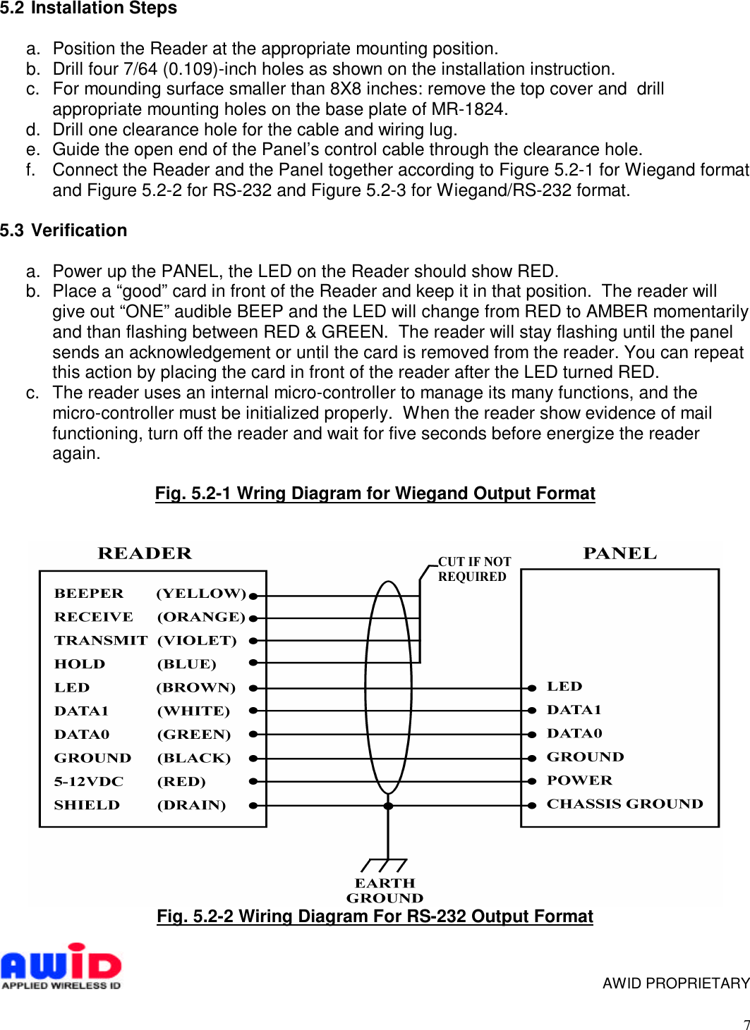75.2  Installation Stepsa.  Position the Reader at the appropriate mounting position.b.  Drill four 7/64 (0.109)-inch holes as shown on the installation instruction.c.  For mounding surface smaller than 8X8 inches: remove the top cover and  drillappropriate mounting holes on the base plate of MR-1824.d.  Drill one clearance hole for the cable and wiring lug.e.  Guide the open end of the Panel’s control cable through the clearance hole.f.  Connect the Reader and the Panel together according to Figure 5.2-1 for Wiegand formatand Figure 5.2-2 for RS-232 and Figure 5.2-3 for Wiegand/RS-232 format.5.3  Verificationa.  Power up the PANEL, the LED on the Reader should show RED.b.  Place a “good” card in front of the Reader and keep it in that position.  The reader willgive out “ONE” audible BEEP and the LED will change from RED to AMBER momentarilyand than flashing between RED &amp; GREEN.  The reader will stay flashing until the panelsends an acknowledgement or until the card is removed from the reader. You can repeatthis action by placing the card in front of the reader after the LED turned RED.c.  The reader uses an internal micro-controller to manage its many functions, and themicro-controller must be initialized properly.  When the reader show evidence of mailfunctioning, turn off the reader and wait for five seconds before energize the readeragain.Fig. 5.2-1 Wring Diagram for Wiegand Output FormatFig. 5.2-2 Wiring Diagram For RS-232 Output Format     AWID PROPRIETARY