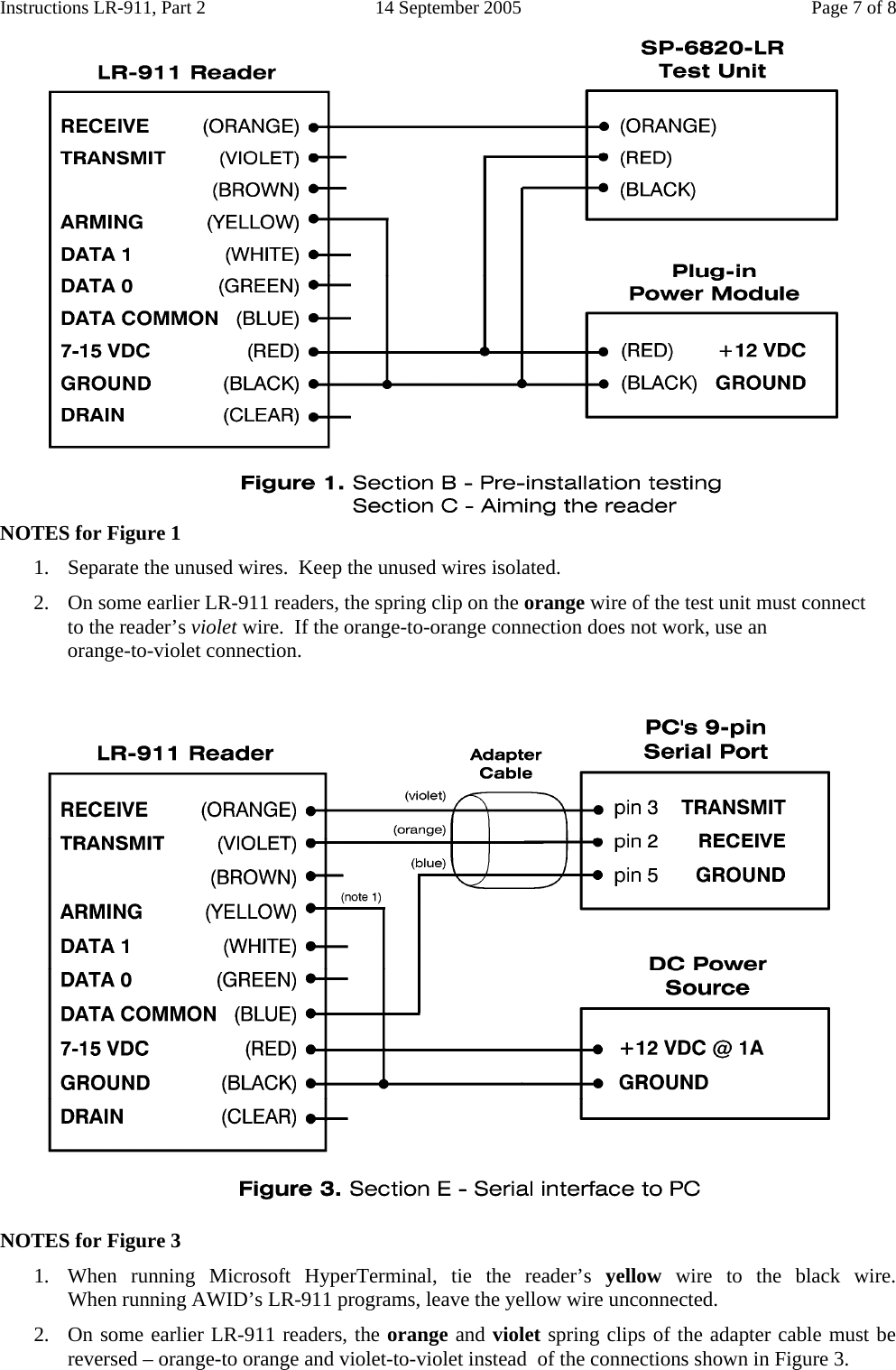 Instructions LR-911, Part 2  14 September 2005  Page 7 of 8  NOTES for Figure 1 1.  Separate the unused wires.  Keep the unused wires isolated. 2.  On some earlier LR-911 readers, the spring clip on the orange wire of the test unit must connect   to the reader’s violet wire.  If the orange-to-orange connection does not work, use an  orange-to-violet connection.    NOTES for Figure 3 1.  When running Microsoft HyperTerminal, tie the reader’s yellow wire to the black wire. When running AWID’s LR-911 programs, leave the yellow wire unconnected. 2.  On some earlier LR-911 readers, the orange and violet spring clips of the adapter cable must be reversed – orange-to orange and violet-to-violet instead  of the connections shown in Figure 3. 