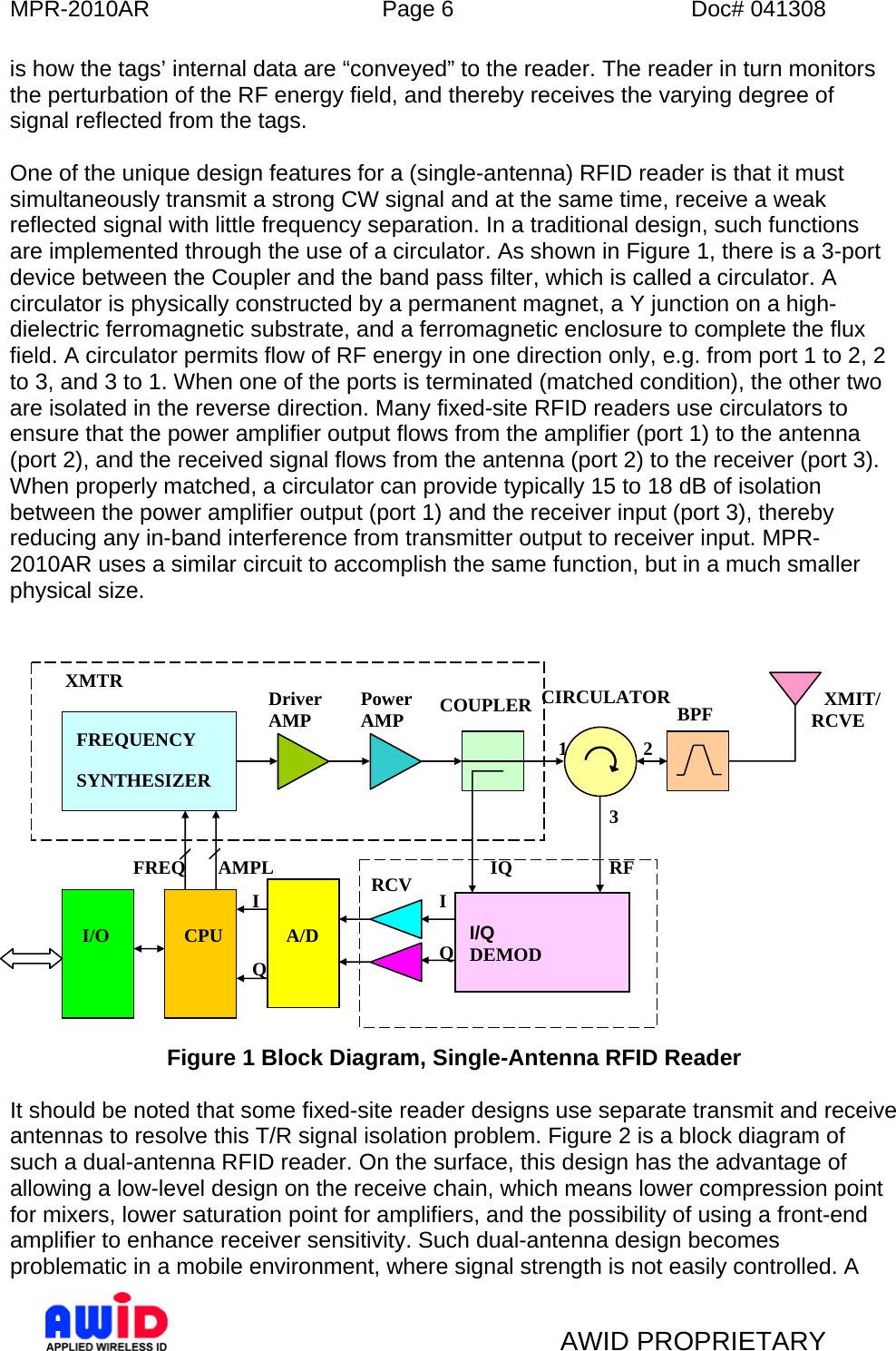 MPR-2010AR  Page 6  Doc# 041308   AWID PROPRIETARY is how the tags’ internal data are “conveyed” to the reader. The reader in turn monitors the perturbation of the RF energy field, and thereby receives the varying degree of signal reflected from the tags.  One of the unique design features for a (single-antenna) RFID reader is that it must simultaneously transmit a strong CW signal and at the same time, receive a weak reflected signal with little frequency separation. In a traditional design, such functions are implemented through the use of a circulator. As shown in Figure 1, there is a 3-port device between the Coupler and the band pass filter, which is called a circulator. A circulator is physically constructed by a permanent magnet, a Y junction on a high-dielectric ferromagnetic substrate, and a ferromagnetic enclosure to complete the flux field. A circulator permits flow of RF energy in one direction only, e.g. from port 1 to 2, 2 to 3, and 3 to 1. When one of the ports is terminated (matched condition), the other two are isolated in the reverse direction. Many fixed-site RFID readers use circulators to ensure that the power amplifier output flows from the amplifier (port 1) to the antenna (port 2), and the received signal flows from the antenna (port 2) to the receiver (port 3). When properly matched, a circulator can provide typically 15 to 18 dB of isolation between the power amplifier output (port 1) and the receiver input (port 3), thereby reducing any in-band interference from transmitter output to receiver input. MPR-2010AR uses a similar circuit to accomplish the same function, but in a much smaller physical size.                         Figure 1 Block Diagram, Single-Antenna RFID Reader  It should be noted that some fixed-site reader designs use separate transmit and receive antennas to resolve this T/R signal isolation problem. Figure 2 is a block diagram of such a dual-antenna RFID reader. On the surface, this design has the advantage of allowing a low-level design on the receive chain, which means lower compression point for mixers, lower saturation point for amplifiers, and the possibility of using a front-end amplifier to enhance receiver sensitivity. Such dual-antenna design becomes problematic in a mobile environment, where signal strength is not easily controlled. A FREQUENCY  SYNTHESIZER  I/Q DEMOD Driver AMP  PowerAMP COUPLER   XMIT/ RCVE A/DCPU I/O XMTR CIRCULATORBPF RCV IQRFIQI Q FREQ AMPL 123