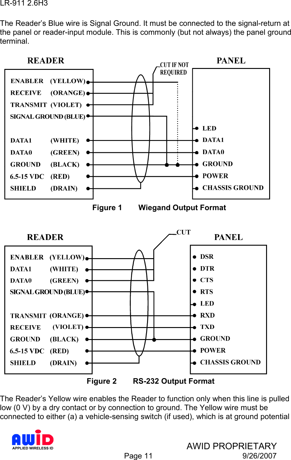 LR-911 2.6H3    AWID PROPRIETARY  Page 11  9/26/2007 The Reader’s Blue wire is Signal Ground. It must be connected to the signal-return at the panel or reader-input module. This is commonly (but not always) the panel ground terminal.           Figure 1  Wiegand Output Format      Figure 2  RS-232 Output Format  The Reader’s Yellow wire enables the Reader to function only when this line is pulled low (0 V) by a dry contact or by connection to ground. The Yellow wire must be connected to either (a) a vehicle-sensing switch (if used), which is at ground potential 