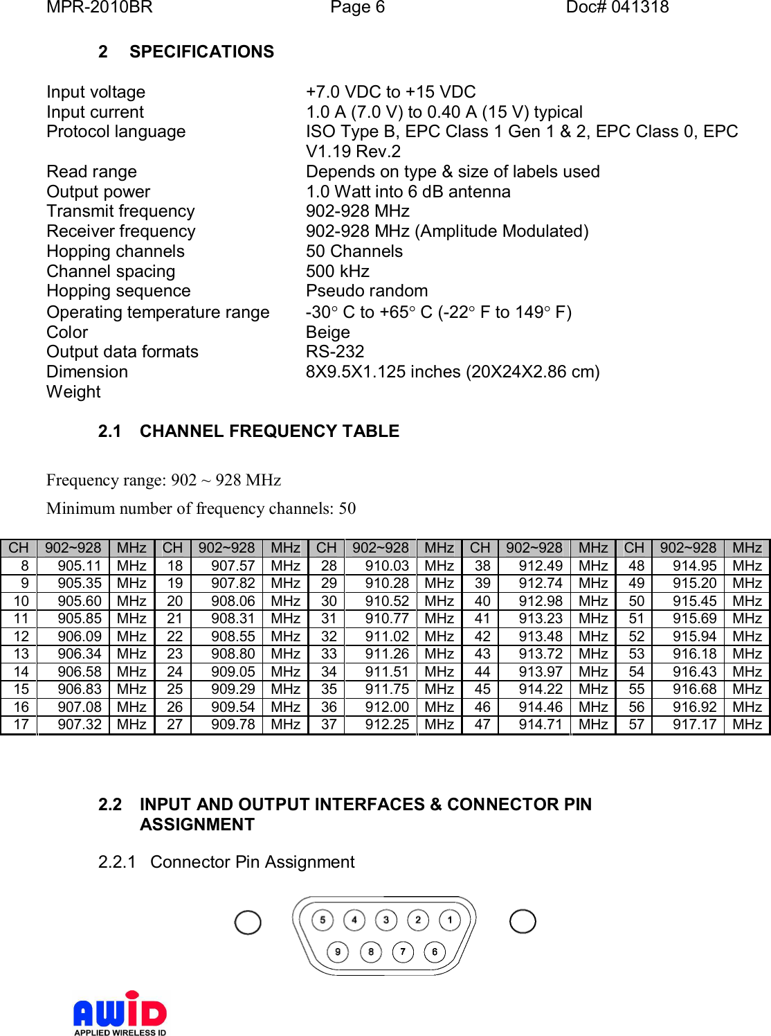 MPR-2010BR Page 6 Doc# 0413182 SPECIFICATIONSInput voltage +7.0 VDC to +15 VDCInput current 1.0 A (7.0 V) to 0.40 A (15 V) typicalProtocol language ISO Type B, EPC Class 1 Gen 1 &amp; 2, EPC Class 0, EPCV1.19 Rev.2Read range Depends on type &amp; size of labels usedOutput power 1.0 Watt into 6 dB antennaTransmit frequency 902-928 MHzReceiver frequency 902-928 MHz (Amplitude Modulated)Hopping channels 50 ChannelsChannel spacing 500 kHzHopping sequence Pseudo randomOperating temperature range  -30° C to +65° C (-22° F to 149° F)Color BeigeOutput data formats RS-232Dimension 8X9.5X1.125 inches (20X24X2.86 cm)Weight2.1  CHANNEL FREQUENCY TABLEFrequency range: 902 ~ 928 MHzMinimum number of frequency channels: 50CH 902~928 MHz CH 902~928 MHz CH 902~928 MHz CH 902~928 MHz CH 902~928 MHz8905.11 MHz 18 907.57 MHz 28 910.03 MHz 38 912.49 MHz 48 914.95 MHz9905.35 MHz 19 907.82 MHz 29 910.28 MHz 39 912.74 MHz 49 915.20 MHz10 905.60 MHz 20 908.06 MHz 30 910.52 MHz 40 912.98 MHz 50 915.45 MHz11 905.85 MHz 21 908.31 MHz 31 910.77 MHz 41 913.23 MHz 51 915.69 MHz12 906.09 MHz 22 908.55 MHz 32 911.02 MHz 42 913.48 MHz 52 915.94 MHz13 906.34 MHz 23 908.80 MHz 33 911.26 MHz 43 913.72 MHz 53 916.18 MHz14 906.58 MHz 24 909.05 MHz 34 911.51 MHz 44 913.97 MHz 54 916.43 MHz15 906.83 MHz 25 909.29 MHz 35 911.75 MHz 45 914.22 MHz 55 916.68 MHz16 907.08 MHz 26 909.54 MHz 36 912.00 MHz 46 914.46 MHz 56 916.92 MHz17 907.32 MHz 27 909.78 MHz 37 912.25 MHz 47 914.71 MHz 57 917.17 MHz2.2  INPUT AND OUTPUT INTERFACES &amp; CONNECTOR PINASSIGNMENT2.2.1  Connector Pin Assignment