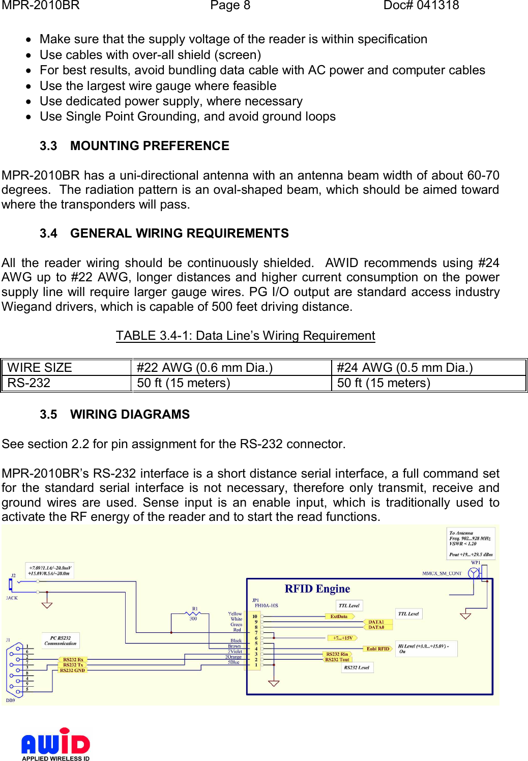 MPR-2010BR Page 8 Doc# 041318·  Make sure that the supply voltage of the reader is within specification·  Use cables with over-all shield (screen)·  For best results, avoid bundling data cable with AC power and computer cables·  Use the largest wire gauge where feasible·  Use dedicated power supply, where necessary·  Use Single Point Grounding, and avoid ground loops3.3  MOUNTING PREFERENCEMPR-2010BR has a uni-directional antenna with an antenna beam width of about 60-70degrees.  The radiation pattern is an oval-shaped beam, which should be aimed towardwhere the transponders will pass.3.4  GENERAL WIRING REQUIREMENTSAll the reader wiring should be continuously shielded.  AWID recommends using #24AWG up to #22 AWG, longer distances and higher current consumption on the powersupply line will require larger gauge wires. PG I/O output are standard access industryWiegand drivers, which is capable of 500 feet driving distance.TABLE 3.4-1: Data Lines Wiring RequirementWIRE SIZE #22 AWG (0.6 mm Dia.) #24 AWG (0.5 mm Dia.)RS-232 50 ft (15 meters) 50 ft (15 meters)3.5  WIRING DIAGRAMSSee section 2.2 for pin assignment for the RS-232 connector.MPR-2010BRs RS-232 interface is a short distance serial interface, a full command setfor the standard serial interface is not necessary, therefore only transmit, receive andground wires are used. Sense input is an enable input, which is traditionally used toactivate the RF energy of the reader and to start the read functions.