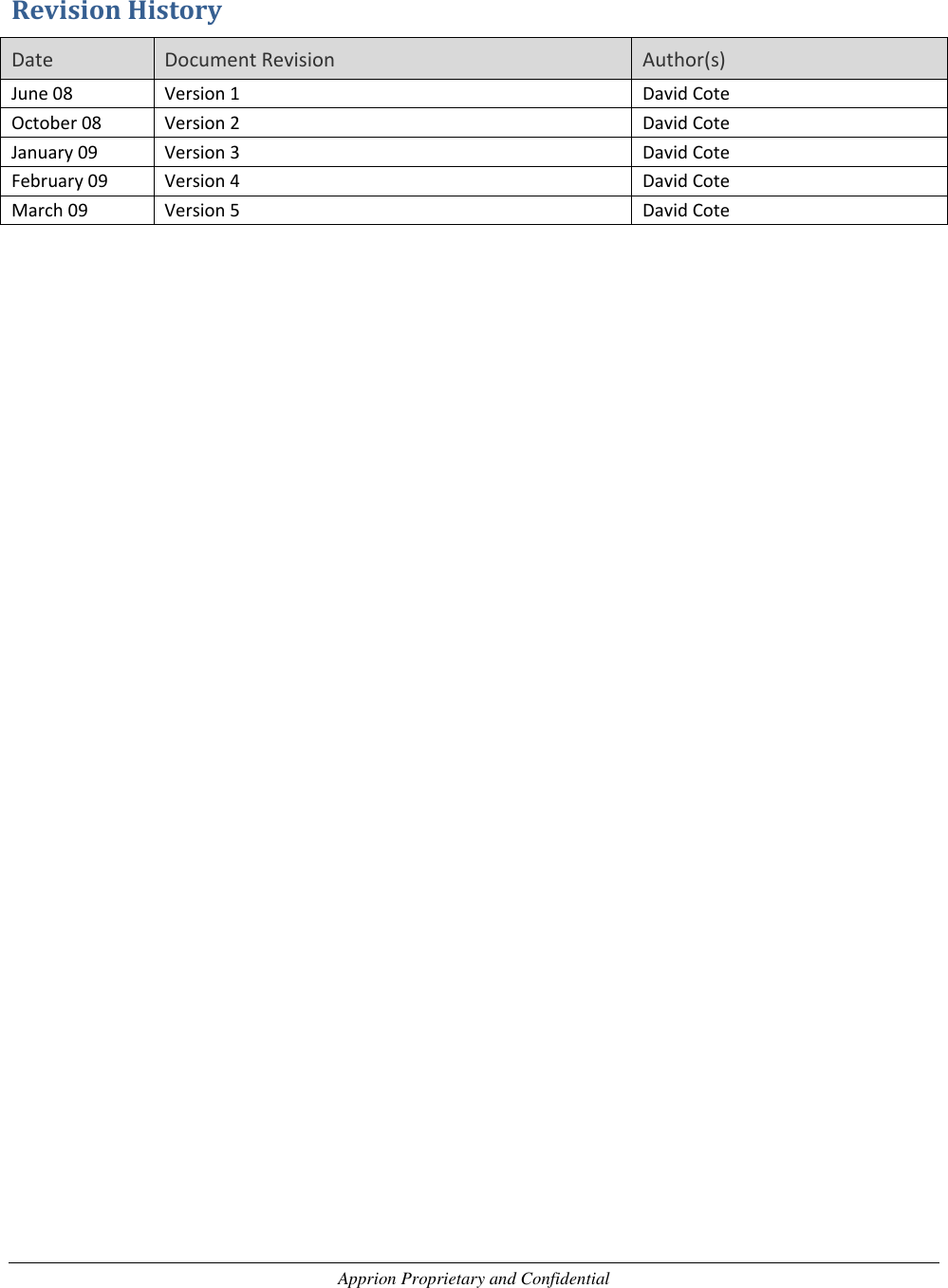 Apprion Proprietary and Confidential  Revision History Date Document Revision Author(s) June 08 Version 1 David Cote October 08 Version 2 David Cote January 09 Version 3 David Cote February 09 Version 4 David Cote March 09 Version 5 David Cote 