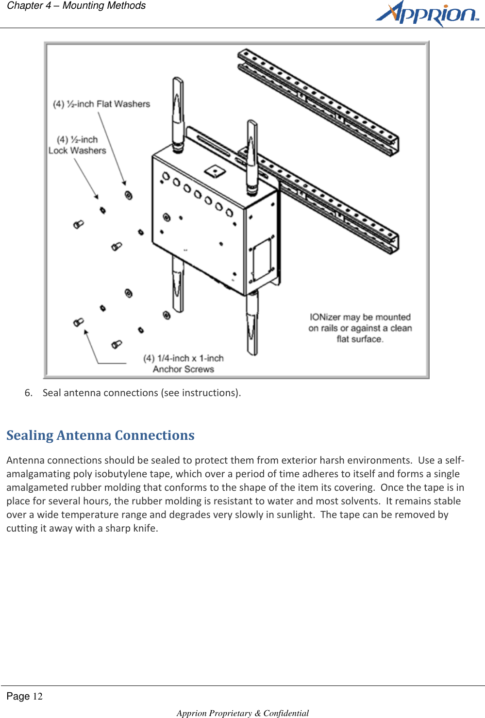 Chapter 4 &ndash; Mounting Methods        Page 12  Apprion Proprietary &amp; Confidential    6. Seal antenna connections (see instructions). Sealing Antenna Connections Antenna connections should be sealed to protect them from exterior harsh environments.  Use a self-amalgamating poly isobutylene tape, which over a period of time adheres to itself and forms a single amalgameted rubber molding that conforms to the shape of the item its covering.  Once the tape is in place for several hours, the rubber molding is resistant to water and most solvents.  It remains stable over a wide temperature range and degrades very slowly in sunlight.  The tape can be removed by cutting it away with a sharp knife. 