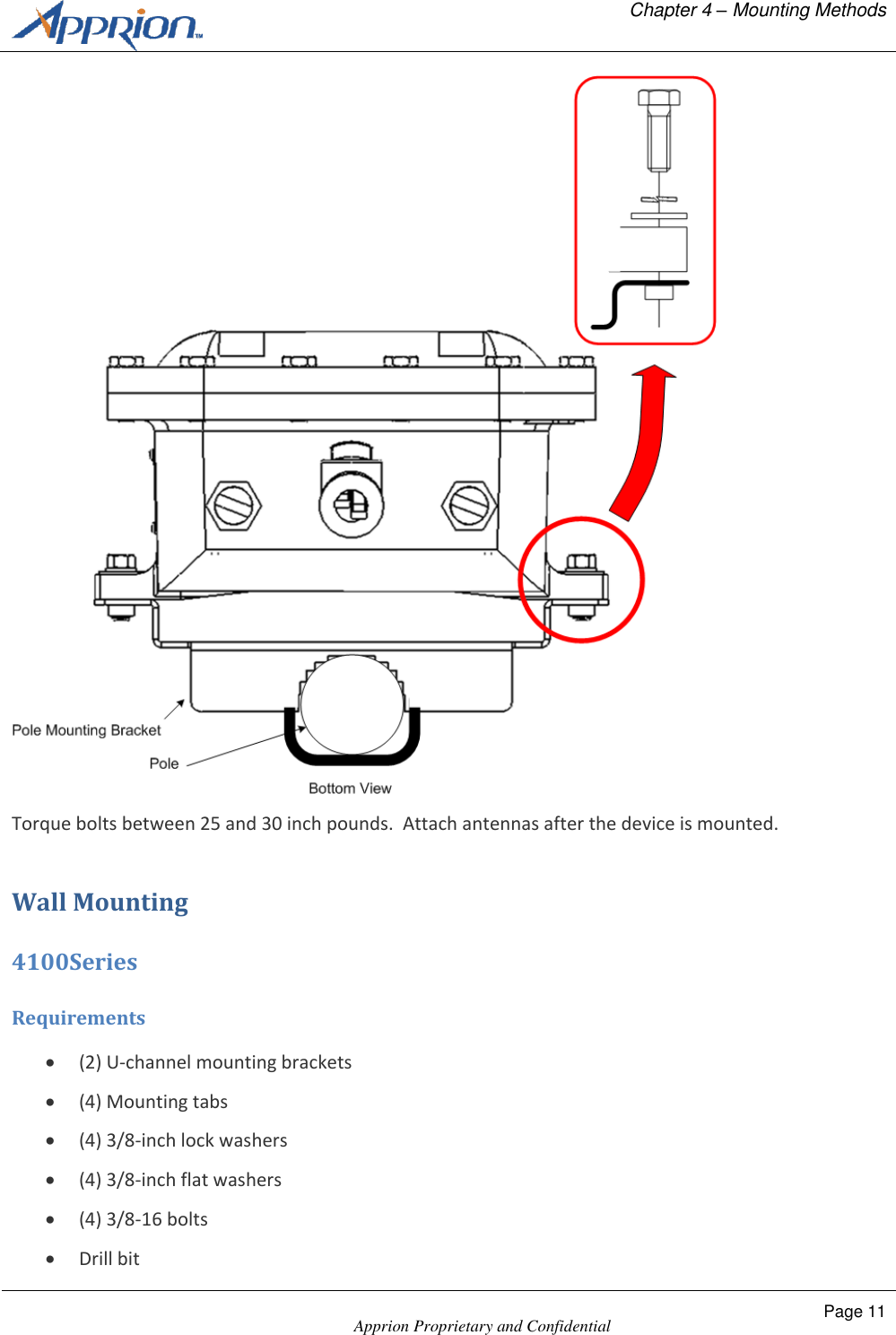   Chapter 4 &ndash; Mounting Methods    Apprion Proprietary and Confidential Page 11   Torque bolts between 25 and 30 inch pounds.  Attach antennas after the device is mounted. Wall Mounting 4100Series Requirements  (2) U-channel mounting brackets  (4) Mounting tabs  (4) 3/8-inch lock washers  (4) 3/8-inch flat washers  (4) 3/8-16 bolts  Drill bit 