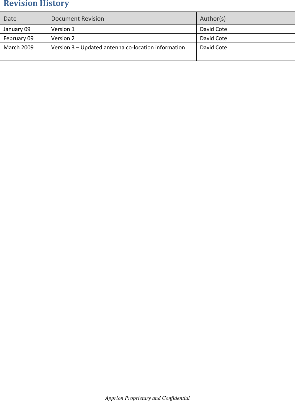 Apprion Proprietary and Confidential  Revision History Date Document Revision Author(s) January 09 Version 1 David Cote February 09 Version 2 David Cote March 2009 Version 3 &ndash; Updated antenna co-location information David Cote    