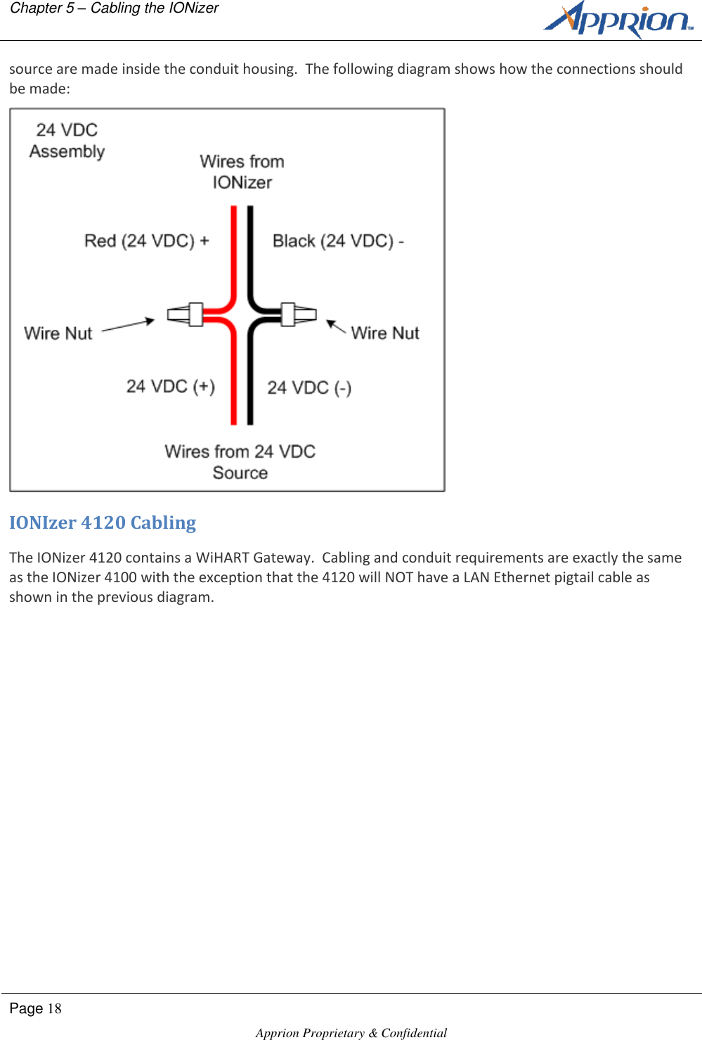 Chapter 5 &ndash; Cabling the IONizer        Page 18  Apprion Proprietary &amp; Confidential   source are made inside the conduit housing.  The following diagram shows how the connections should be made:  IONIzer 4120 Cabling The IONizer 4120 contains a WiHART Gateway.  Cabling and conduit requirements are exactly the same as the IONizer 4100 with the exception that the 4120 will NOT have a LAN Ethernet pigtail cable as shown in the previous diagram.        