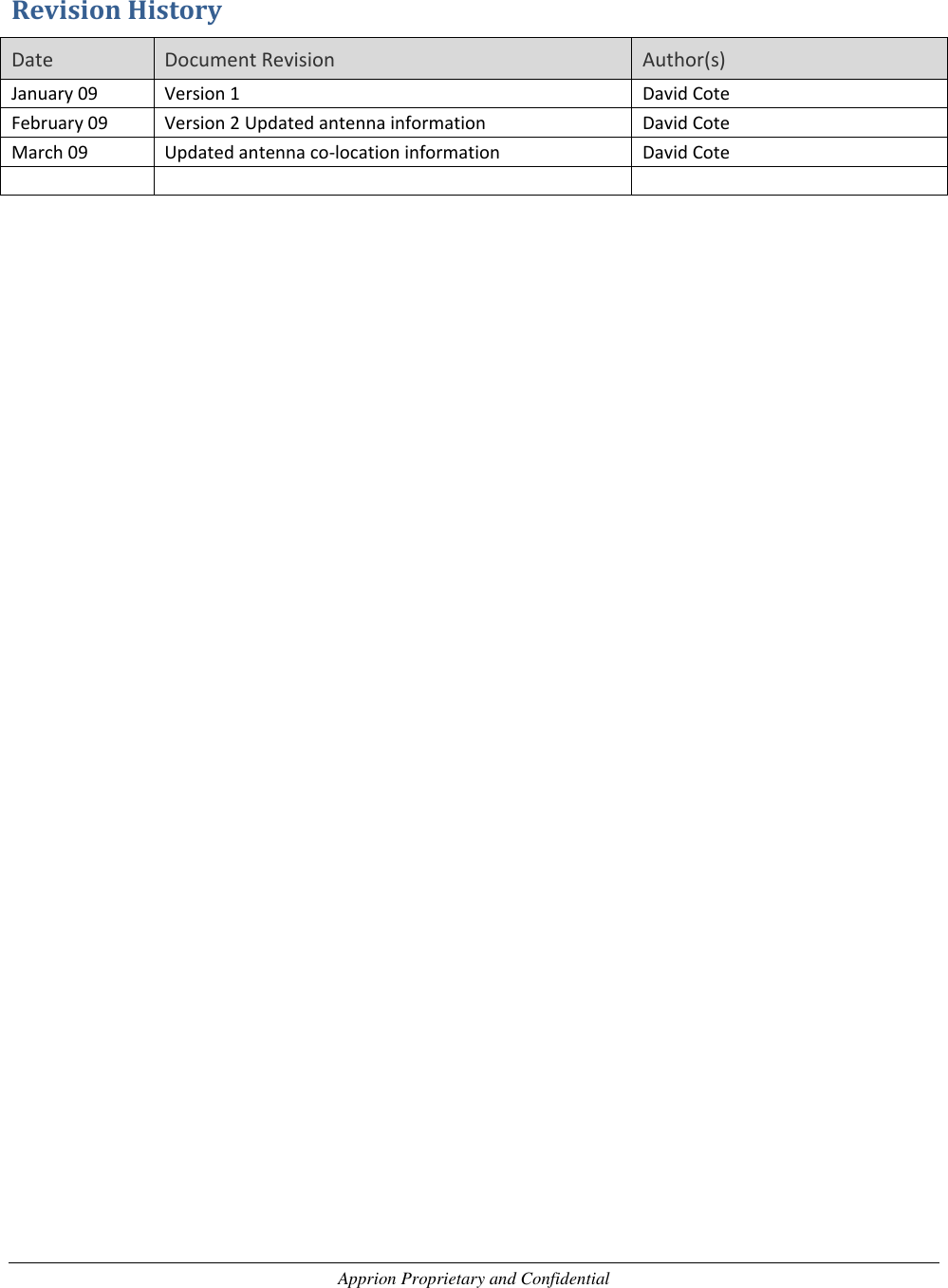 Apprion Proprietary and Confidential  Revision History Date Document Revision Author(s) January 09 Version 1 David Cote February 09 Version 2 Updated antenna information David Cote March 09 Updated antenna co-location information David Cote    