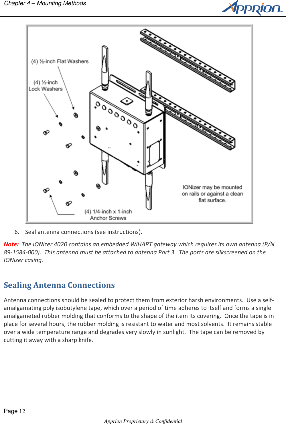 Chapter 4 &ndash; Mounting Methods        Page 12  Apprion Proprietary &amp; Confidential    6. Seal antenna connections (see instructions). Note:  The IONizer 4020 contains an embedded WiHART gateway which requires its own antenna (P/N 89-1584-000).  This antenna must be attached to antenna Port 3.  The ports are silkscreened on the IONizer casing. Sealing Antenna Connections Antenna connections should be sealed to protect them from exterior harsh environments.  Use a self-amalgamating poly isobutylene tape, which over a period of time adheres to itself and forms a single amalgameted rubber molding that conforms to the shape of the item its covering.  Once the tape is in place for several hours, the rubber molding is resistant to water and most solvents.  It remains stable over a wide temperature range and degrades very slowly in sunlight.  The tape can be removed by cutting it away with a sharp knife. 