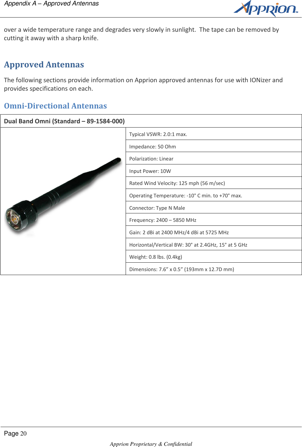 Appendix A &ndash; Approved Antennas      Page 20  Apprion Proprietary &amp; Confidential   over a wide temperature range and degrades very slowly in sunlight.  The tape can be removed by cutting it away with a sharp knife. Approved Antennas The following sections provide information on Apprion approved antennas for use with IONizer and provides specifications on each.  Omni-Directional Antennas Dual Band Omni (Standard &ndash; 89-1584-000)  Typical VSWR: 2.0:1 max. Impedance: 50 Ohm Polarization: Linear Input Power: 10W Rated Wind Velocity: 125 mph (56 m/sec) Operating Temperature: -10&deg; C min. to +70&deg; max. Connector: Type N Male Frequency: 2400 &ndash; 5850 MHz Gain: 2 dBi at 2400 MHz/4 dBi at 5725 MHz Horizontal/Vertical BW: 30&deg; at 2.4GHz, 15&deg; at 5 GHz Weight: 0.8 lbs. (0.4kg) Dimensions: 7.6&rdquo; x 0.5&rdquo; (193mm x 12.7D mm) 