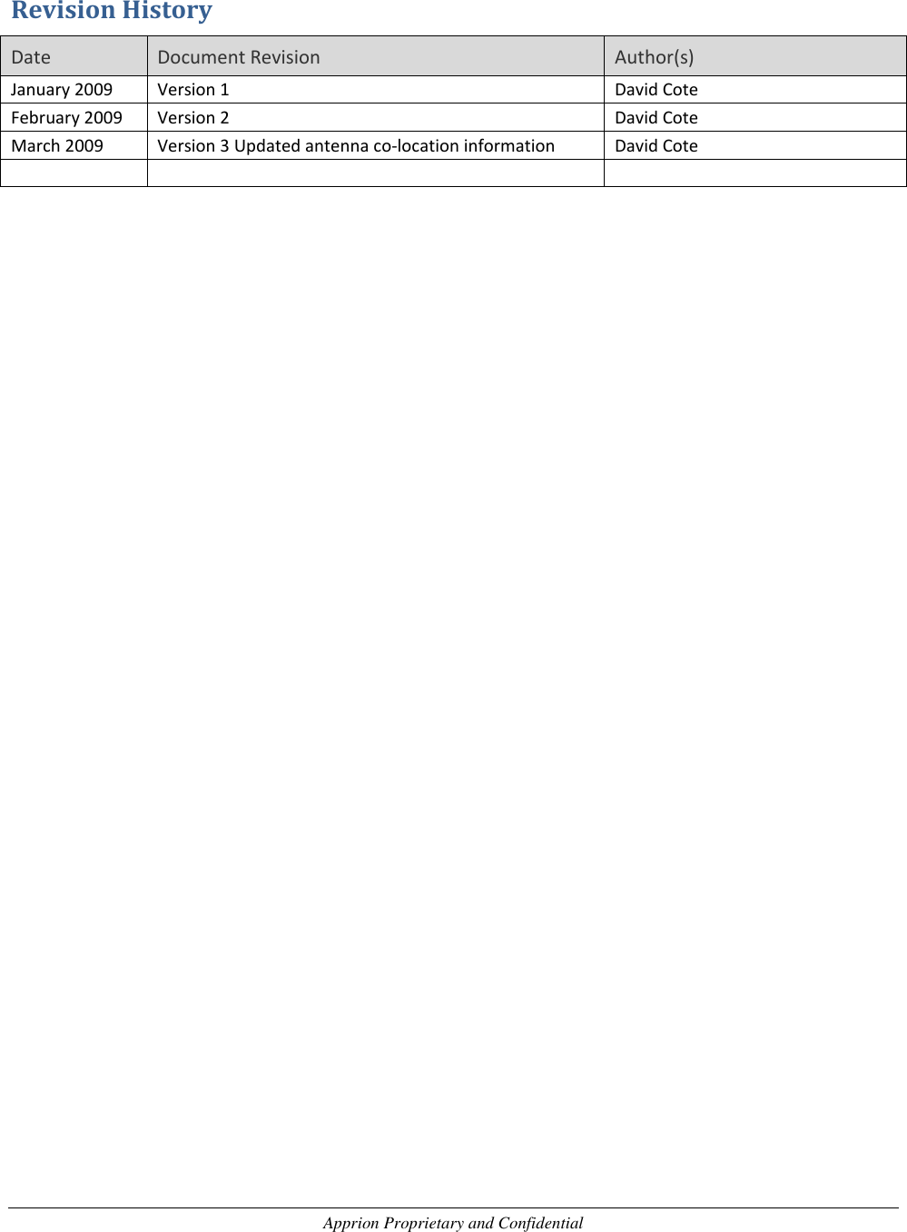 Apprion Proprietary and Confidential  Revision History Date Document Revision Author(s) January 2009 Version 1 David Cote February 2009 Version 2 David Cote March 2009 Version 3 Updated antenna co-location information David Cote    