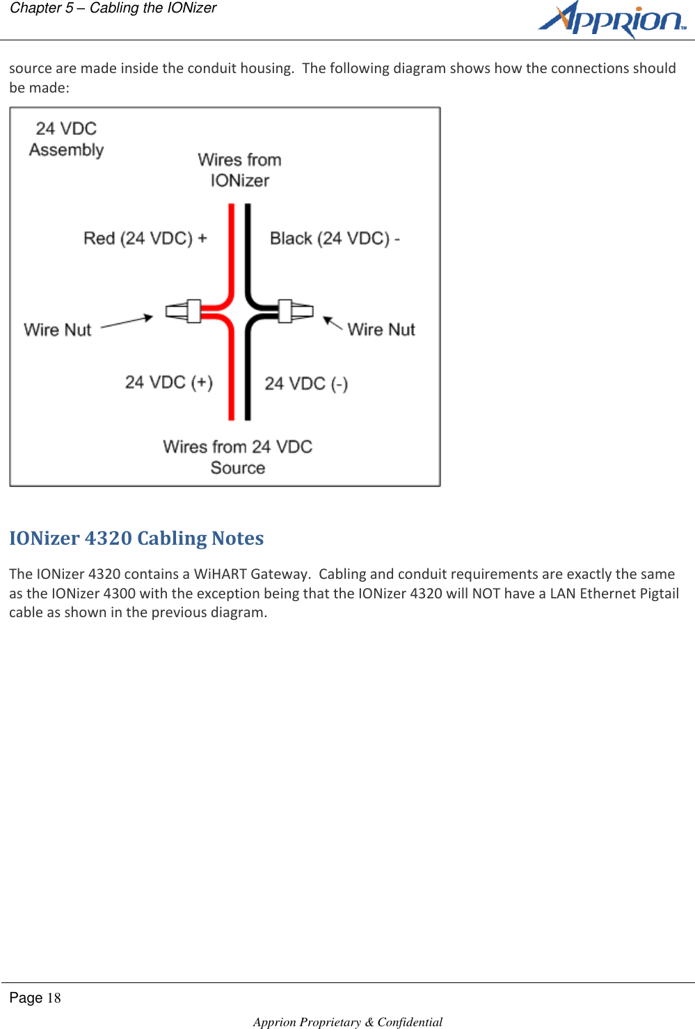 Chapter 5 &ndash; Cabling the IONizer        Page 18  Apprion Proprietary &amp; Confidential   source are made inside the conduit housing.  The following diagram shows how the connections should be made:  IONizer 4320 Cabling Notes The IONizer 4320 contains a WiHART Gateway.  Cabling and conduit requirements are exactly the same as the IONizer 4300 with the exception being that the IONizer 4320 will NOT have a LAN Ethernet Pigtail cable as shown in the previous diagram.           