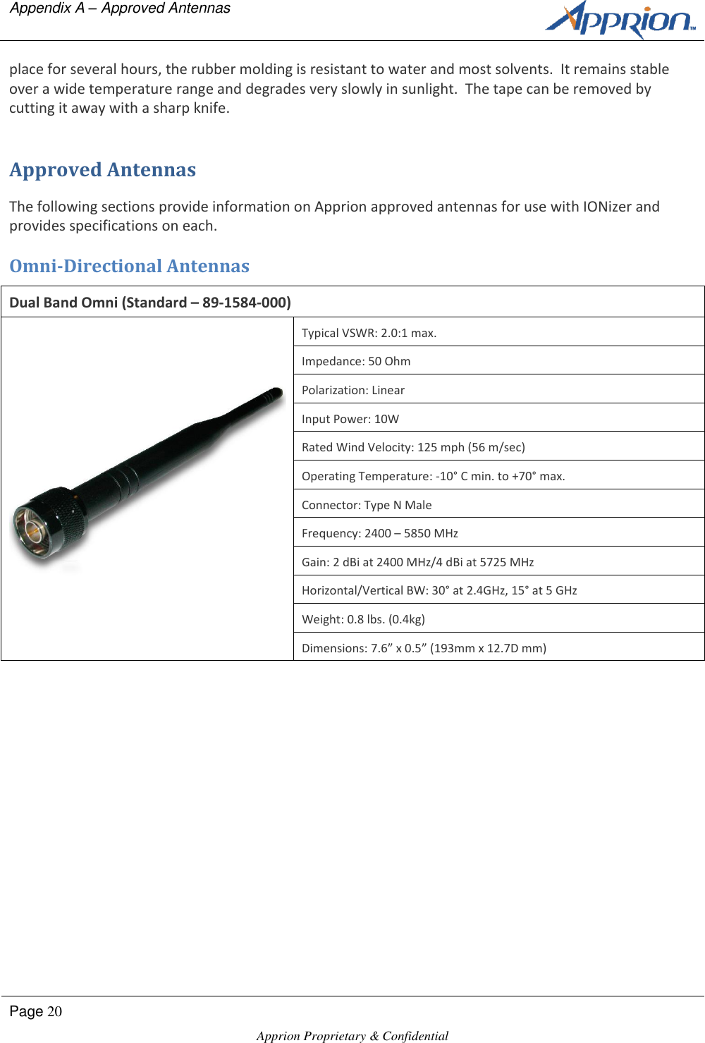Appendix A &ndash; Approved Antennas      Page 20  Apprion Proprietary &amp; Confidential   place for several hours, the rubber molding is resistant to water and most solvents.  It remains stable over a wide temperature range and degrades very slowly in sunlight.  The tape can be removed by cutting it away with a sharp knife. Approved Antennas The following sections provide information on Apprion approved antennas for use with IONizer and provides specifications on each.  Omni-Directional Antennas Dual Band Omni (Standard &ndash; 89-1584-000)  Typical VSWR: 2.0:1 max. Impedance: 50 Ohm Polarization: Linear Input Power: 10W Rated Wind Velocity: 125 mph (56 m/sec) Operating Temperature: -10&deg; C min. to +70&deg; max. Connector: Type N Male Frequency: 2400 &ndash; 5850 MHz Gain: 2 dBi at 2400 MHz/4 dBi at 5725 MHz Horizontal/Vertical BW: 30&deg; at 2.4GHz, 15&deg; at 5 GHz Weight: 0.8 lbs. (0.4kg) Dimensions: 7.6&rdquo; x 0.5&rdquo; (193mm x 12.7D mm) 