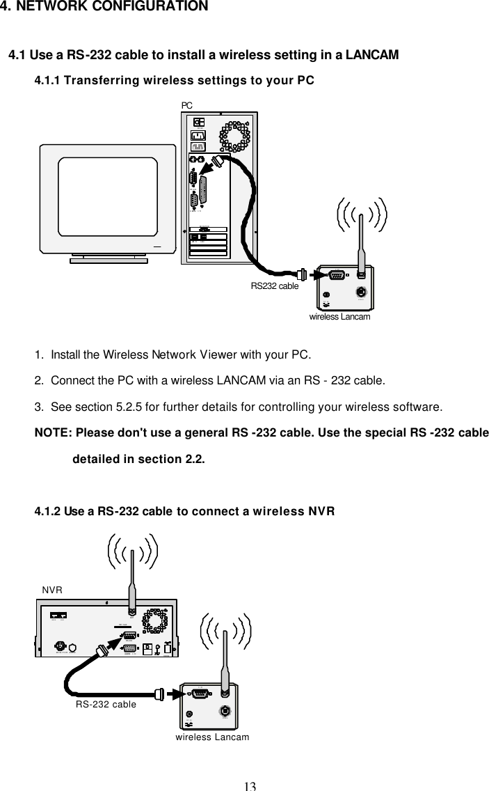  13 4. NETWORK CONFIGURATION  4.1 Use a RS-232 cable to install a wireless setting in a LANCAM 4.1.1 Transferring wireless settings to your PC RS-232ALARMDC12VI/OWANLANMONITERI/ODC 5VANTVIDEOPCRS232 cablewireless Lancam   1.  Install the Wireless Network Viewer with your PC. 2.  Connect the PC with a wireless LANCAM via an RS - 232 cable. 3.  See section 5.2.5 for further details for controlling your wireless software. NOTE: Please don't use a general RS -232 cable. Use the special RS -232 cable detailed in section 2.2.  4.1.2 Use a RS-232 cable to connect a wireless NVR I/ODC 5VANTVIDEOSD CardRS-232ALARM DC12VAUDIOMONITORANTI/ONVRwireless LancamRS-232 cableWAN LAN 