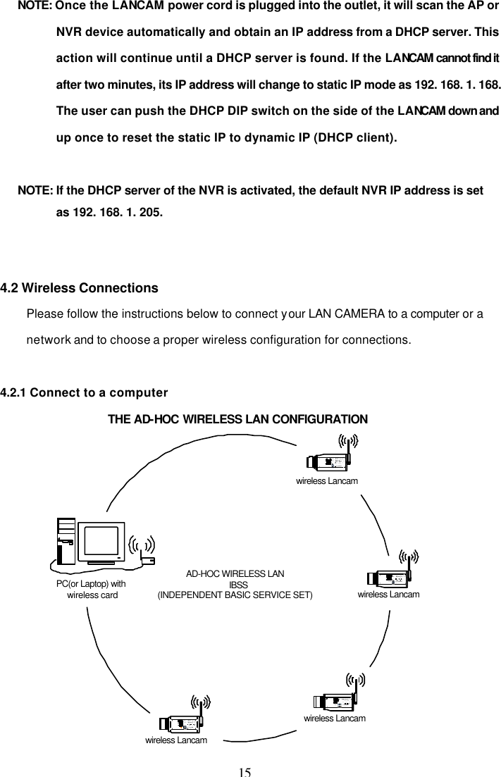  15  NOTE: Once the LANCAM power cord is plugged into the outlet, it will scan the AP or NVR device automatically and obtain an IP address from a DHCP server. This action will continue until a DHCP server is found. If the LANCAM cannot find it after two minutes, its IP address will change to static IP mode as 192. 168. 1. 168. The user can push the DHCP DIP switch on the side of the LANCAM down and up once to reset the static IP to dynamic IP (DHCP client).  NOTE: If the DHCP server of the NVR is activated, the default NVR IP address is set as 192. 168. 1. 205.   4.2 Wireless Connections Please follow the instructions below to connect your LAN CAMERA to a computer or a network and to choose a proper wireless configuration for connections.  4.2.1 Connect to a computer THE AD-HOC WIRELESS LAN CONFIGURATION wireless LancamIRIS1. AES2. DC IRIS3. DHCP4. STATIC IPALC POWERLANwireless LancamIRIS1. AES2. DC IRIS3. DHCP4. STATIC IPALC POWERLANwireless LancamIRIS1. AES2. DC IRIS3. DHCP4. STATIC IPALCPOWERLANwireless LancamIRIS1. AES2. DC IRIS3. DHCP4. STATIC IPALCPOWERLANPC(or Laptop) withwireless cardAD-HOC WIRELESS LANIBSS(INDEPENDENT BASIC SERVICE SET) 