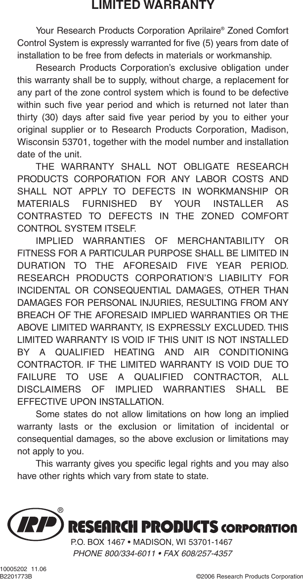 Page 8 of 8 - Aprilaire Aprilaire-6303-Users-Manual- 10005202_B AA Zone Control Owners  Aprilaire-6303-users-manual