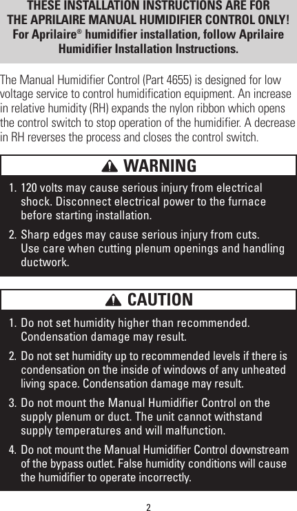 Page 2 of 12 - Aprilaire Aprilaire-Dehumidifier-4655-Users-Manual-  58 Humidistat Installation Manual Aprilaire-dehumidifier-4655-users-manual