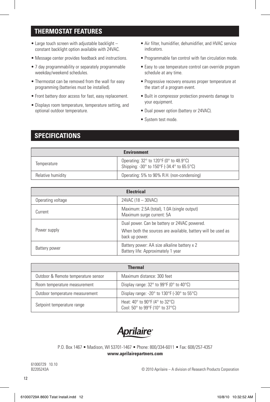 Page 12 of 12 - Aprilaire Aprilaire-Thermostat-8600-Users-Manual-  Aprilaire-thermostat-8600-users-manual