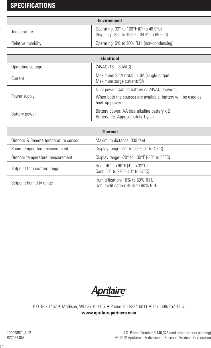 Page 11 of 11 - Aprilaire Aprilaire-Thermostat-8620-Users-Manual-  Aprilaire-thermostat-8620-users-manual