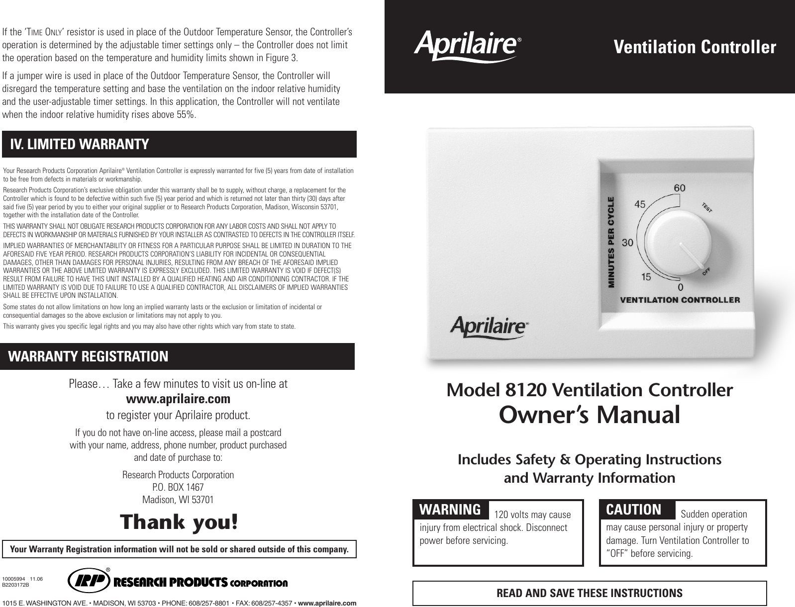 Page 1 of 2 - Aprilaire Aprilaire-Ventilation-Controller-8120-Users-Manual- 10005994_B AA 8120 Vent Control Owners  Aprilaire-ventilation-controller-8120-users-manual