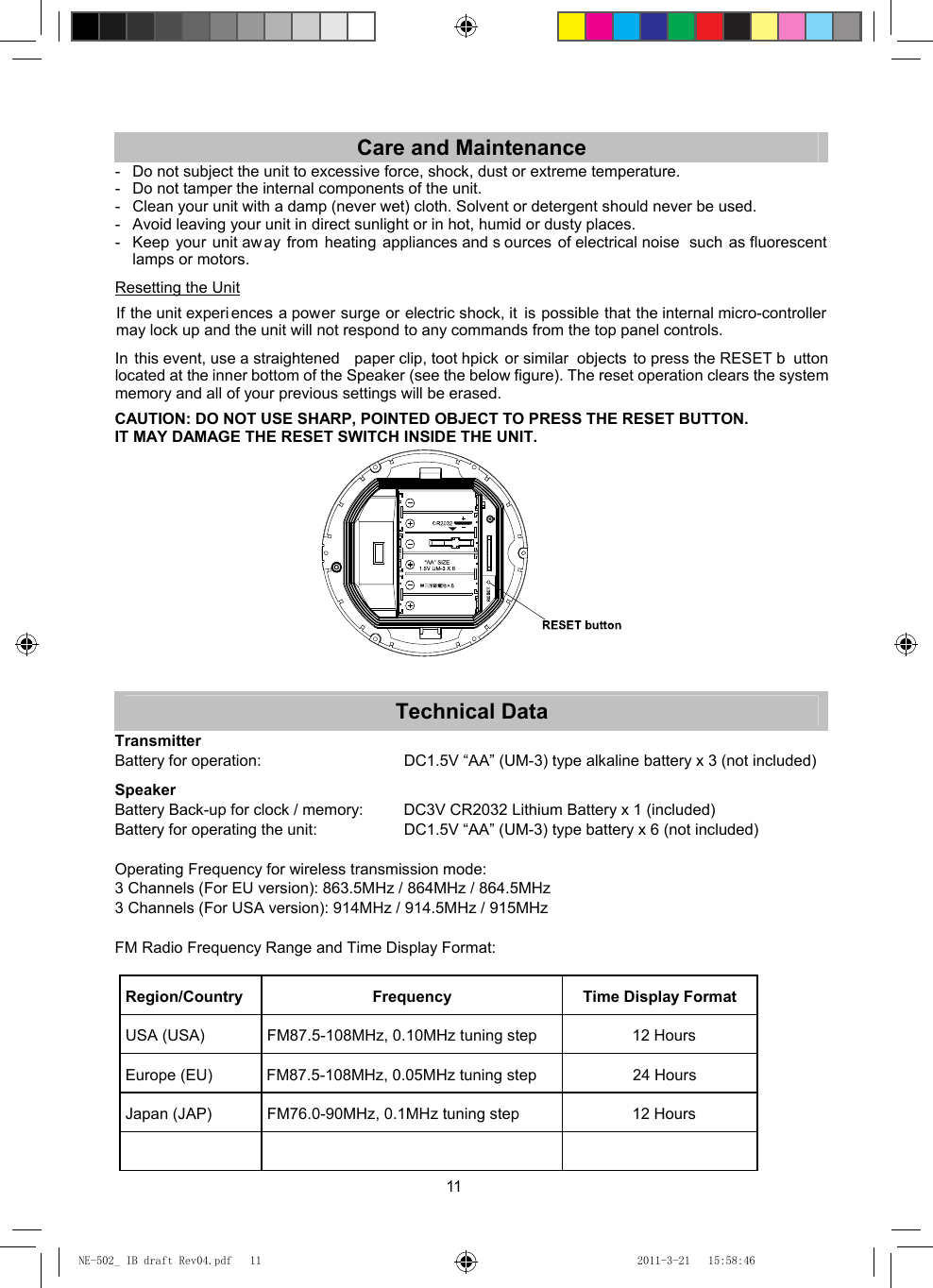 11  Care and Maintenance -   Do not subject the unit to excessive force, shock, dust or extreme temperature. -   Do not tamper the internal components of the unit. -   Clean your unit with a damp (never wet) cloth. Solvent or detergent should never be used. -   Avoid leaving your unit in direct sunlight or in hot, humid or dusty places. -  Keep your unit away from heating appliances and s ources of electrical noise  such as fluorescent  lamps or motors.    Resetting the Unit  If the unit experi ences a power surge or electric shock, it  is possible that the internal micro-controller may lock up and the unit will not respond to any commands from the top panel controls.  In this event, use a straightened  paper clip, toot hpick or similar  objects to press the RESET b utton located at the inner bottom of the Speaker (see the below figure). The reset operation clears the system memory and all of your previous settings will be erased.  CAUTION: DO NOT USE SHARP, POINTED OBJECT TO PRESS THE RESET BUTTON.   IT MAY DAMAGE THE RESET SWITCH INSIDE THE UNIT.   Technical Data Transmitter Battery for operation:          DC1.5V “AA” (UM-3) type alkaline battery x 3 (not included)  Speaker Battery Back-up for clock / memory:    DC3V CR2032 Lithium Battery x 1 (included) Battery for operating the unit:      DC1.5V “AA” (UM-3) type battery x 6 (not included)  Operating Frequency for wireless transmission mode: 3 Channels (For EU version): 863.5MHz / 864MHz / 864.5MHz 3 Channels (For USA version): 914MHz / 914.5MHz / 915MHz  FM Radio Frequency Range and Time Display Format:  Region/Country Frequency Time Display FormatUSA (USA) FM87.5-108MHz, 0.10MHz tuning step  12 HoursEurope (EU)  FM87.5-108MHz, 0.05MHz tuning step 24 HoursJapan (JAP) FM76.0-90MHz, 0.1MHz tuning step  12 HoursNE-502_ IB draft Rev04.pdf   11NE-502_ IB draft Rev04.pdf   11 2011-3-21   15:58:462011-3-21   15:58:46