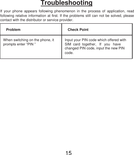 Troubleshooting  If  your  phone  appears  following  phenomenon  in  the  process  of  application,  read following relative information at first. If the problems still can not be solved, please contact with the distributor or service provider.  Problem Check Point   When switching on the phone, it Input your PIN code which offered with prompts enter “PIN ” SIM  card  together,   If   you   have  changed PIN code, input the new PIN  code.                  15 