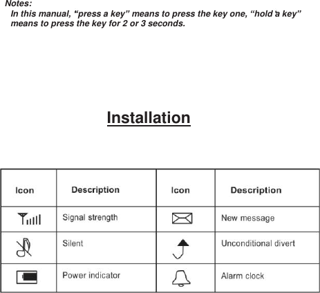 Notes:  In this manual, “press a key” means to press the key one, “hold a key” means to press the key for 2 or 3 seconds.      Installation     