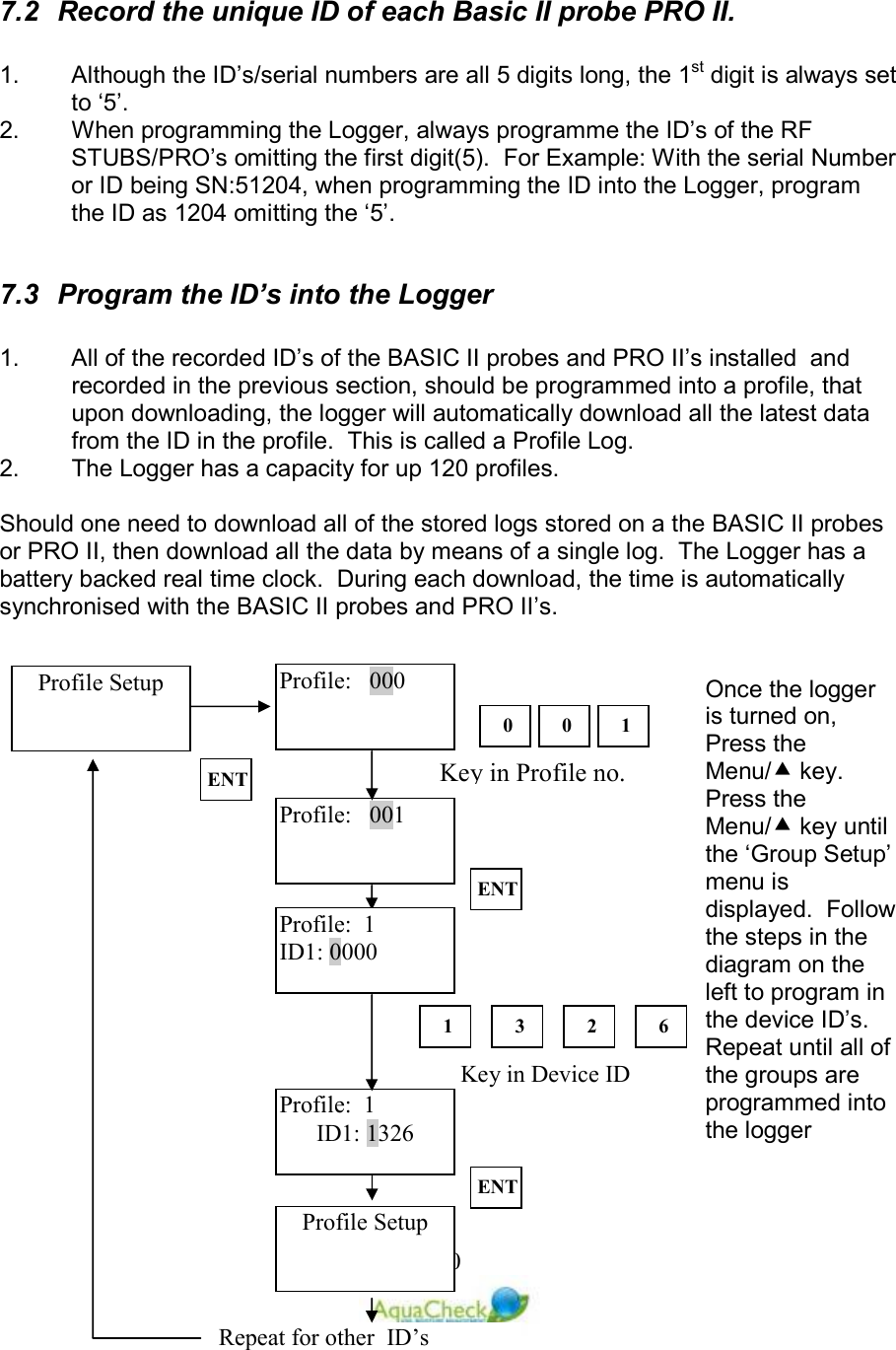   20ET Profile:   000 Profile Setup Profile:   001 0  0 Key in Profile no. ET Profile:  1 ID1: 0000 1  3  2  6 Key in Device ID Profile:  1 ID1: 1326 ET Profile Setup  Repeat for other  ID’s 1  7.2  Record the unique ID of each Basic II probe PRO II.  1.  Although the ID’s/serial numbers are all 5 digits long, the 1st digit is always set to ‘5’. 2.  When programming the Logger, always programme the ID’s of the RF STUBS/PRO’s omitting the first digit(5).  For Example: With the serial Number or ID being SN:51204, when programming the ID into the Logger, program the ID as 1204 omitting the ‘5’.  7.3  Program the ID’s into the Logger  1.  All of the recorded ID’s of the BASIC II probes and PRO II’s installed  and recorded in the previous section, should be programmed into a profile, that upon downloading, the logger will automatically download all the latest data from the ID in the profile.  This is called a Profile Log. 2.  The Logger has a capacity for up 120 profiles.  Should one need to download all of the stored logs stored on a the BASIC II probes or PRO II, then download all the data by means of a single log.  The Logger has a battery backed real time clock.  During each download, the time is automatically synchronised with the BASIC II probes and PRO II’s.   Once the logger is turned on, Press the Menu/ key.  Press the Menu/ key until the ‘Group Setup’ menu is displayed.  Follow the steps in the diagram on the left to program in the device ID’s.  Repeat until all of the groups are programmed into the logger 