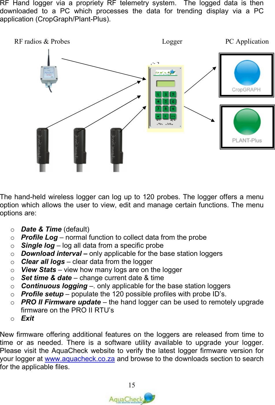   15RF  Hand  logger  via  a  propriety  RF  telemetry  system.    The  logged  data  is  then downloaded  to  a  PC  which  processes  the  data  for  trending  display  via  a  PC application (CropGraph/Plant-Plus).                        The hand-held wireless logger can log up to 120 probes. The logger offers a menu option which allows the user to view, edit and manage certain functions. The menu options are:  o Date &amp; Time (default) o Profile Log – normal function to collect data from the probe o Single log – log all data from a specific probe o Download interval – only applicable for the base station loggers o Clear all logs – clear data from the logger o View Stats – view how many logs are on the logger o Set time &amp; date – change current date &amp; time o Continuous logging –. only applicable for the base station loggers o Profile setup – populate the 120 possible profiles with probe ID’s. o PRO II Firmware update – the hand logger can be used to remotely upgrade firmware on the PRO II RTU’s o Exit  New firmware  offering  additional features on  the loggers  are released from  time to time  or  as  needed.  There  is  a  software  utility  available  to  upgrade  your  logger. Please visit  the  AquaCheck  website  to  verify  the latest  logger firmware version for your logger at www.aquacheck.co.za and browse to the downloads section to search for the applicable files.  RF radios &amp; Probes          Logger     PC Application 